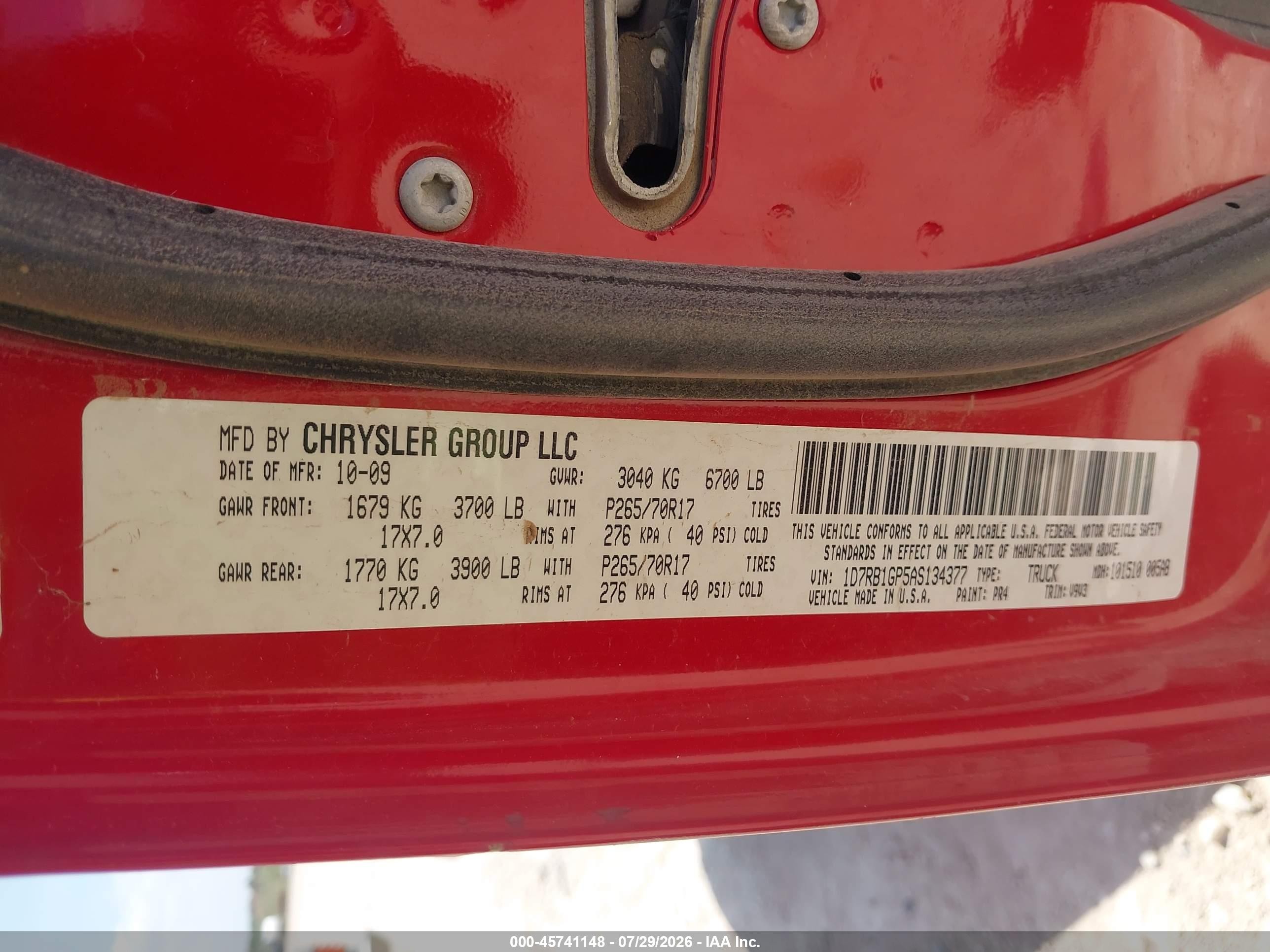 2010 Dodge Ram 1500 Slt/sport/trx Red vin: 1D7RB1GP5AS134377
