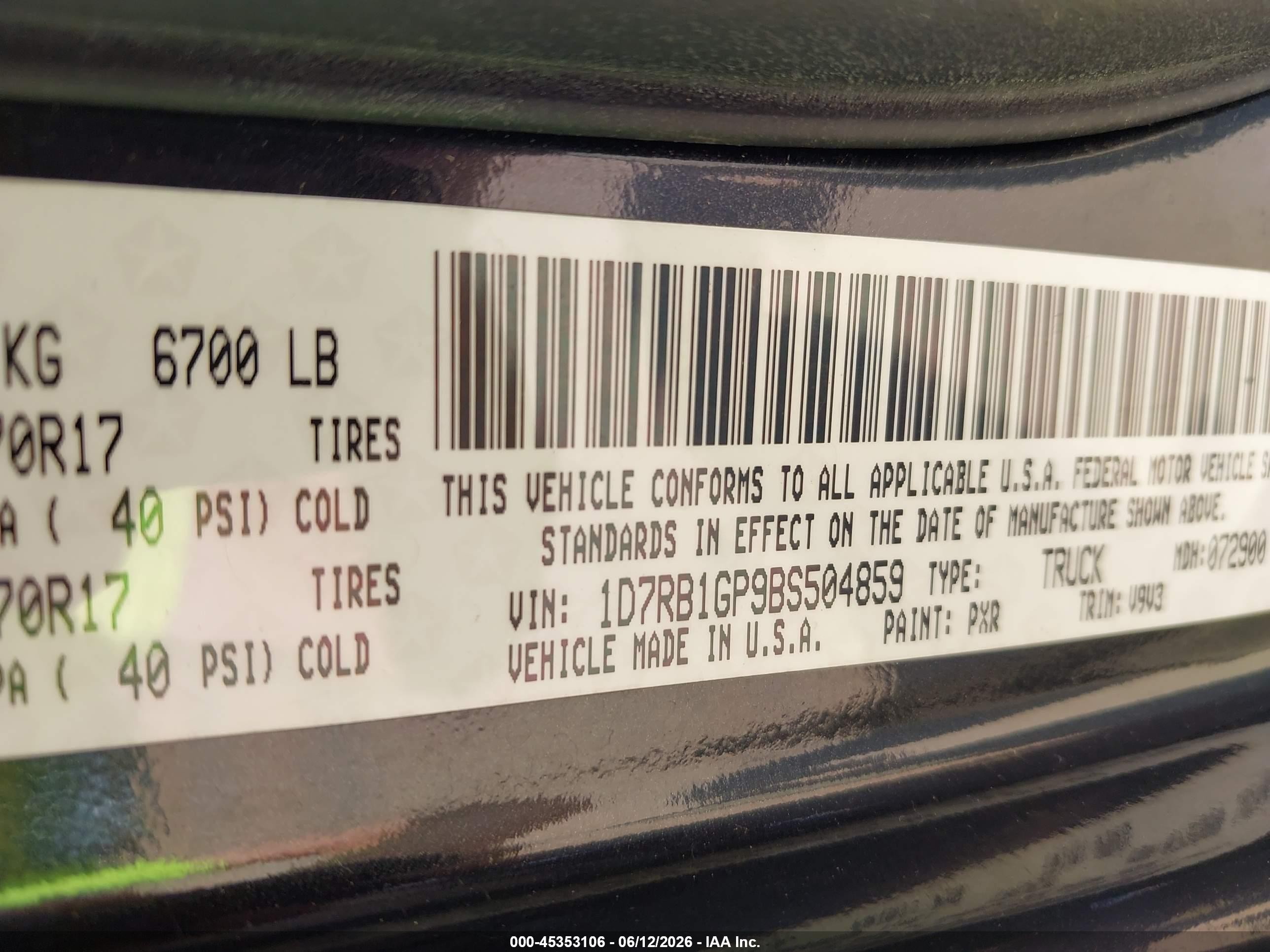 2011 Ram Ram 1500 Slt Black vin: 1D7RB1GP9BS504859