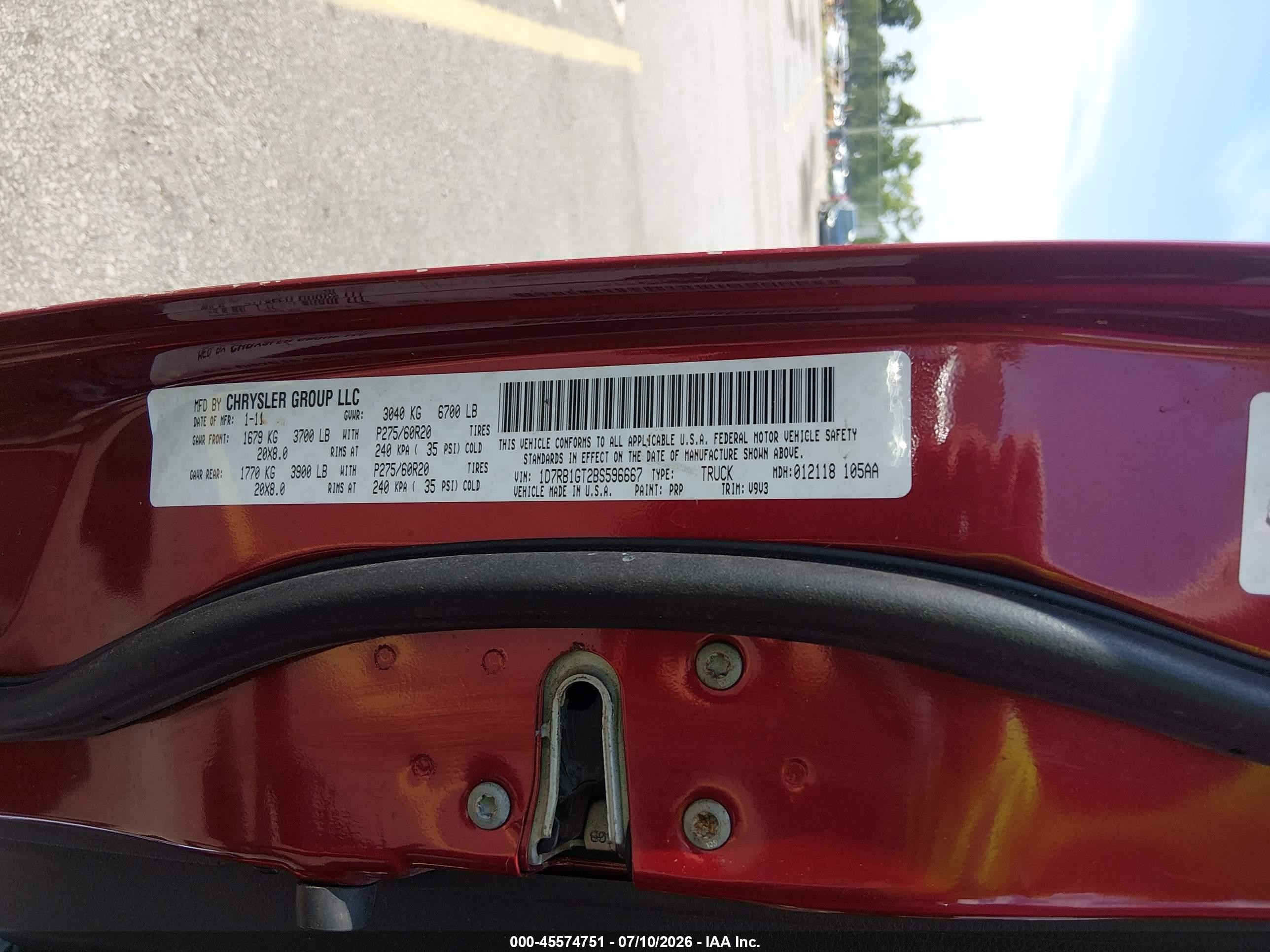 2011 Ram Ram 1500 Slt Red vin: 1D7RB1GT2BS596667