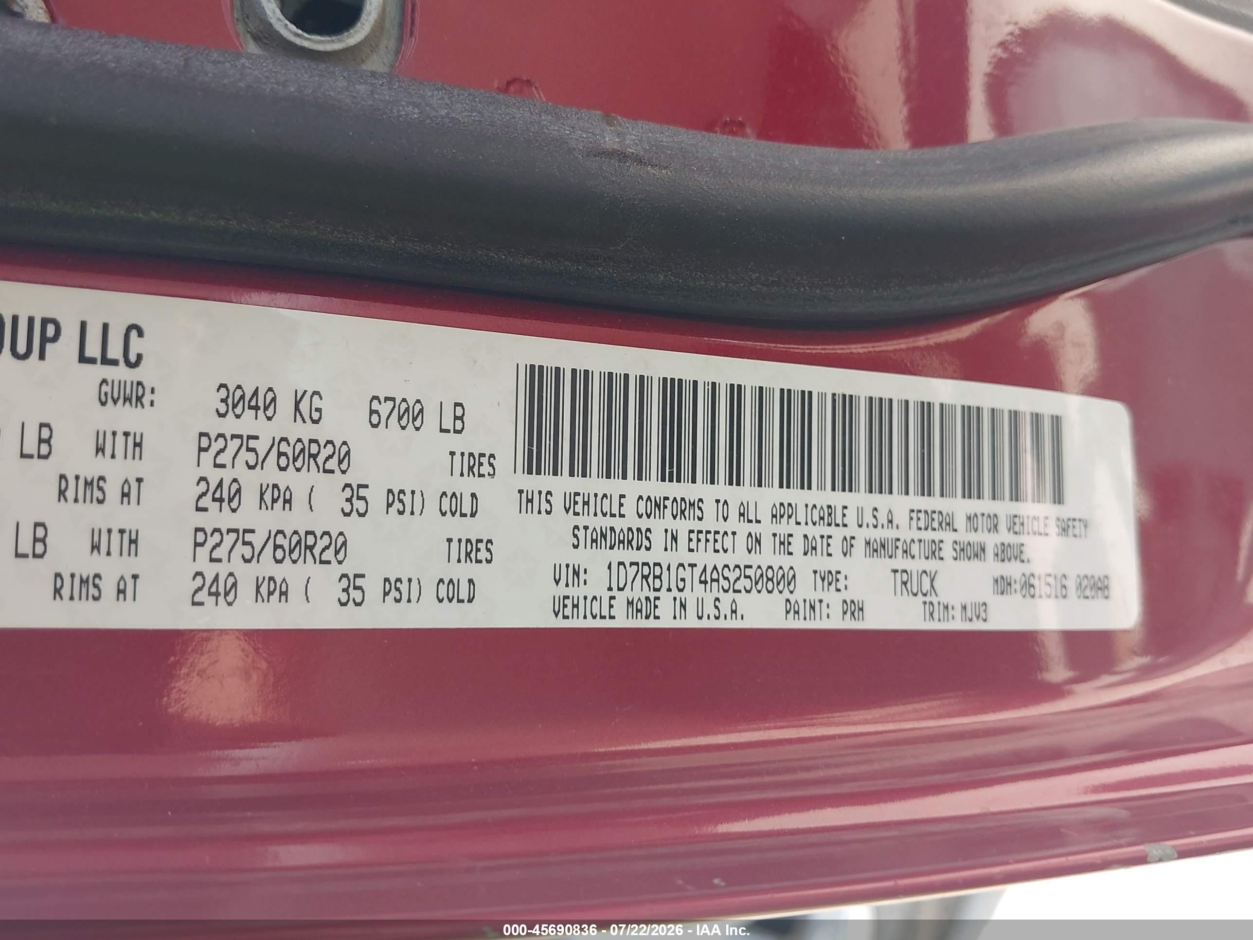 2010 Dodge Ram 1500 Slt/sport/trx Red vin: 1D7RB1GT4AS250800