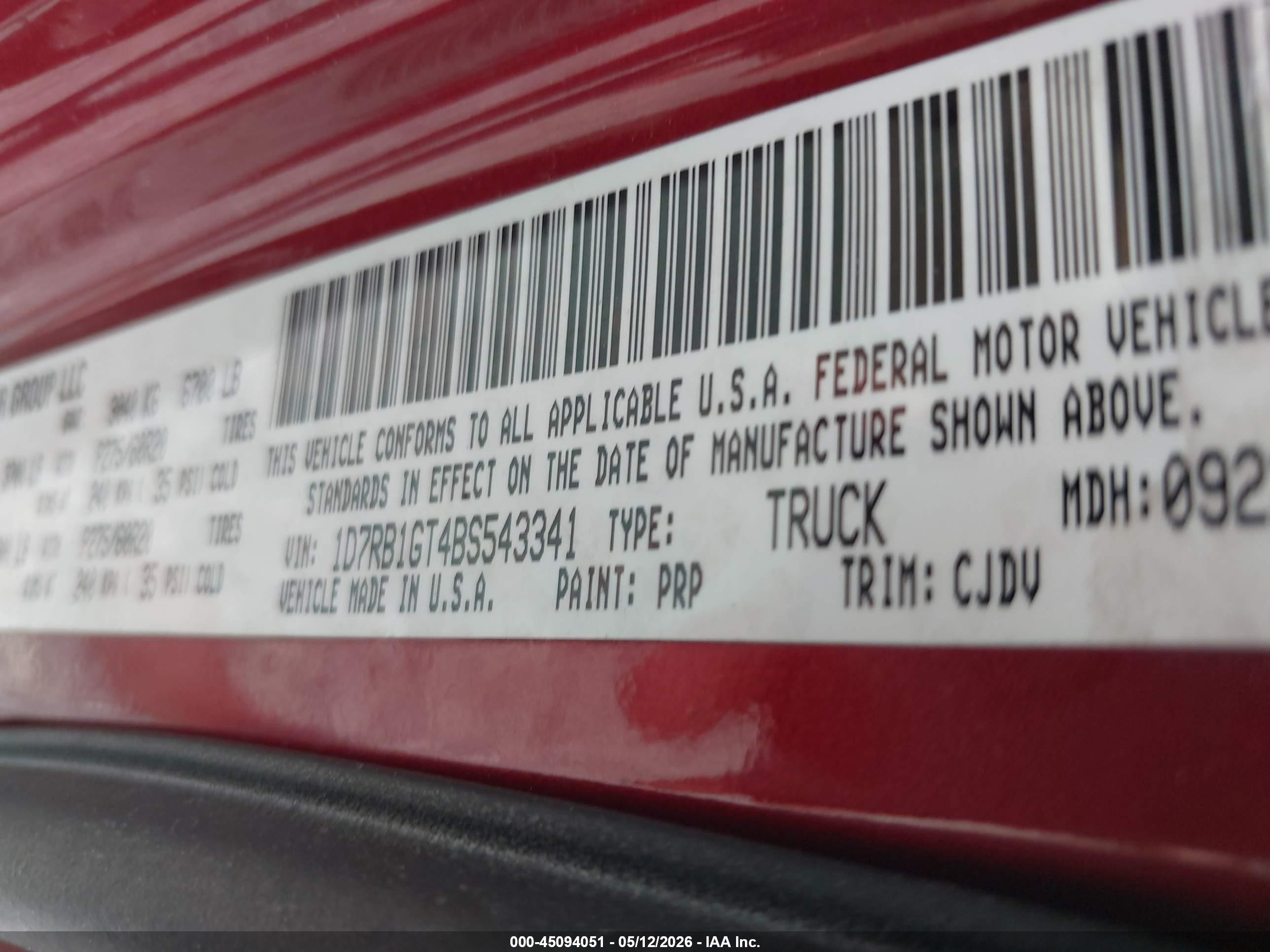 2011 Ram Ram 1500 Sport Burgundy vin: 1D7RB1GT4BS543341