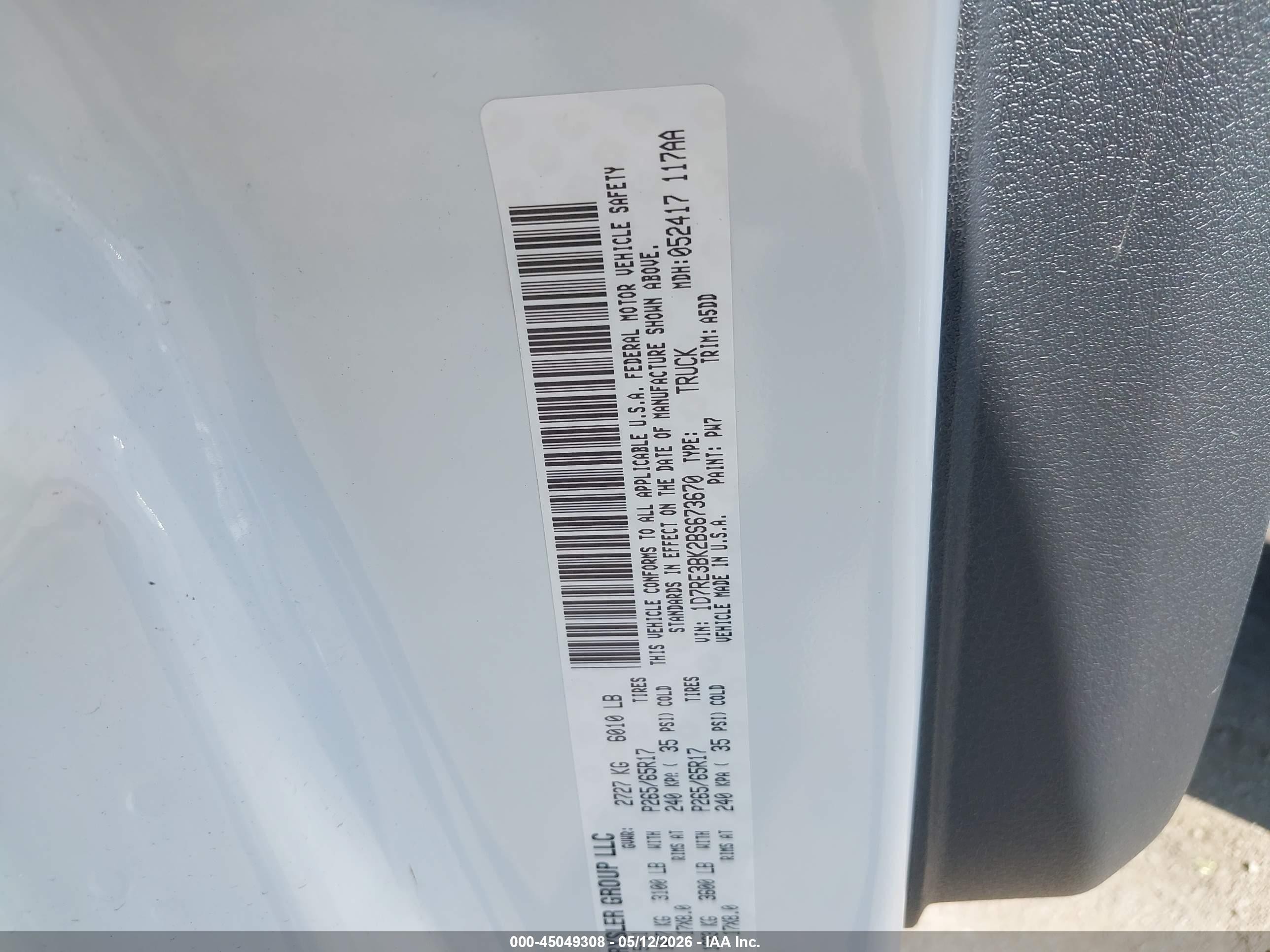 2011 Ram Dakota Bighorn/lonestar Белый vin: 1D7RE3BK2BS673670