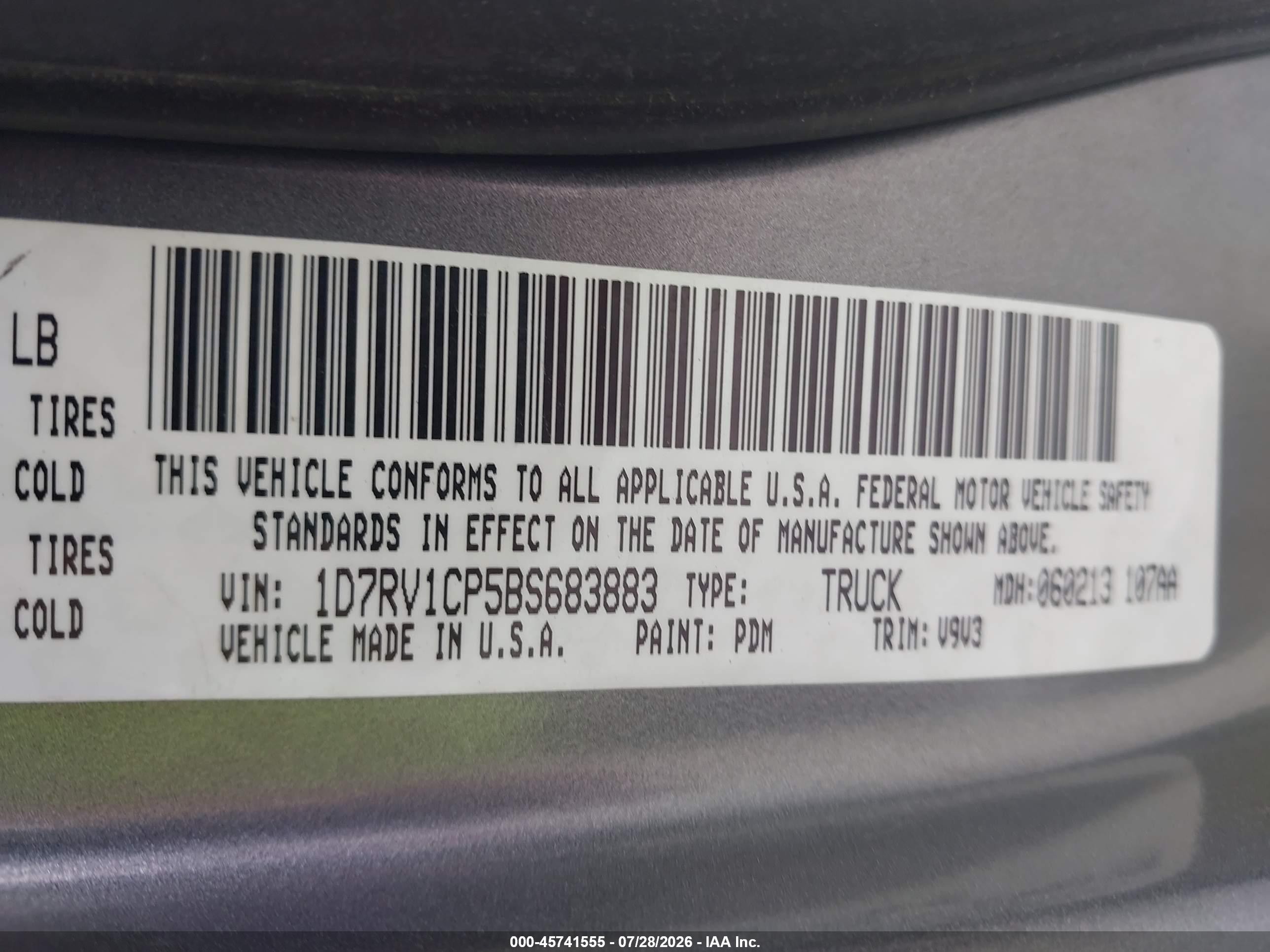 2011 Ram Ram 1500 St Gray vin: 1D7RV1CP5BS683883
