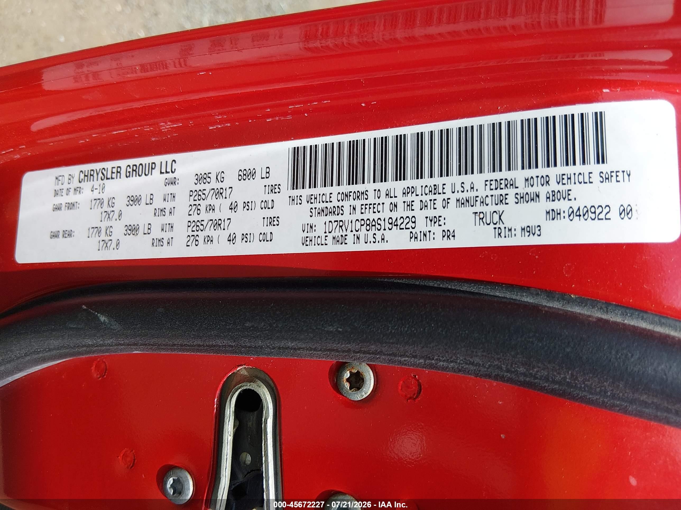 2010 Dodge Ram 1500 Slt/sport/trx Red vin: 1D7RV1CP8AS194229