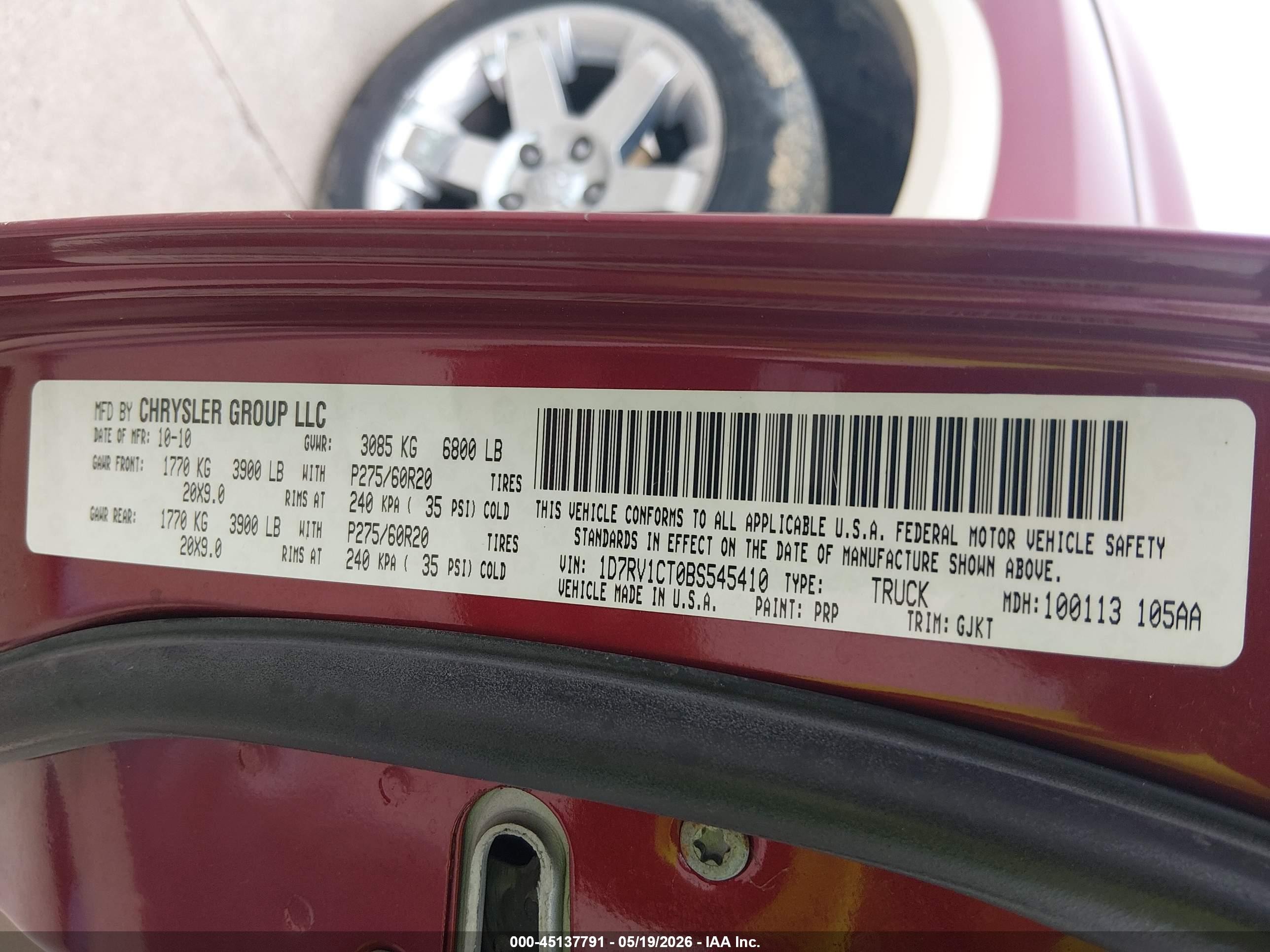 2011 Ram Ram 1500 Laramie Red vin: 1D7RV1CT0BS545410
