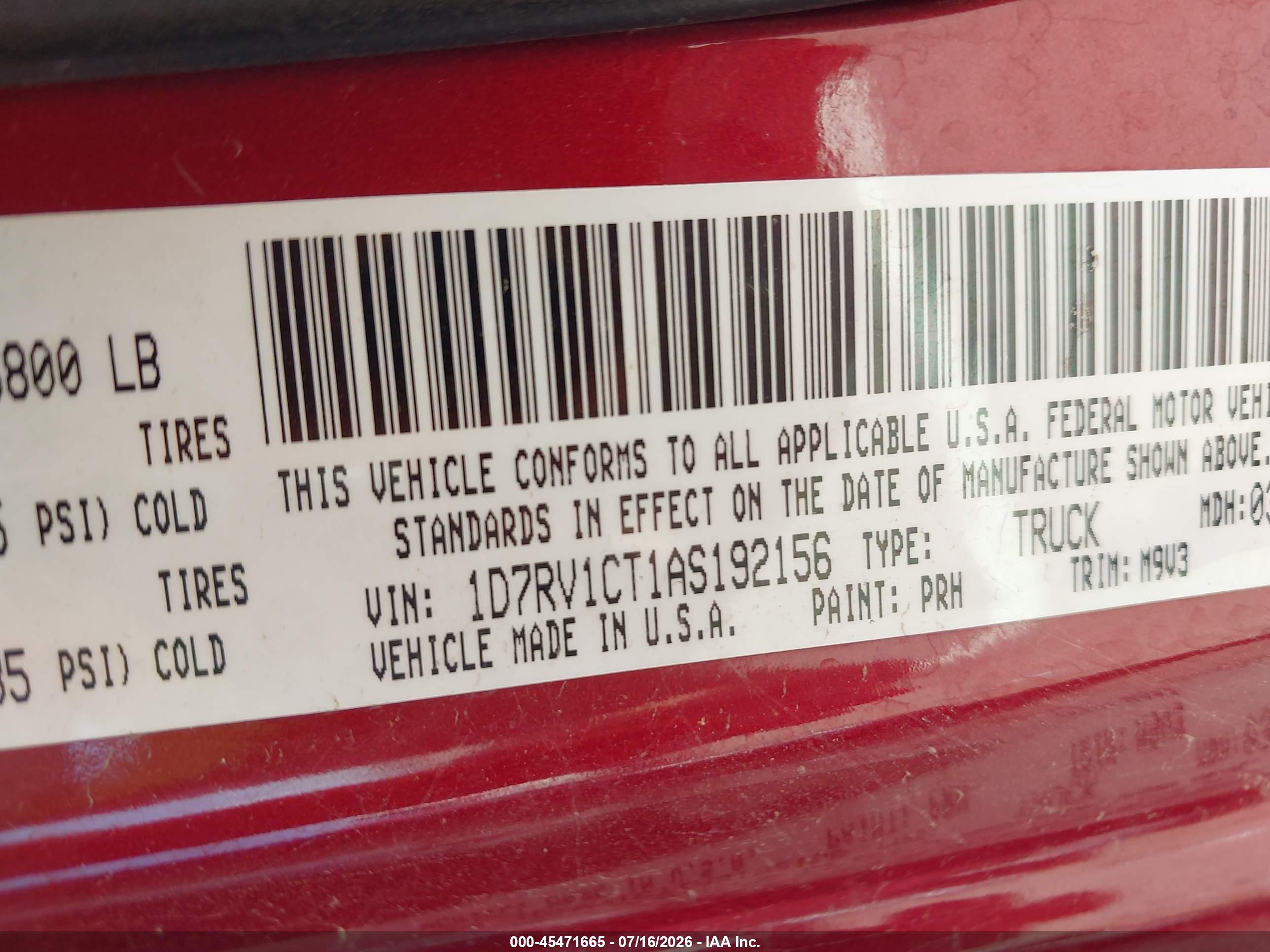 2010 Dodge Ram 1500 Slt/sport/trx Red vin: 1D7RV1CT1AS192156