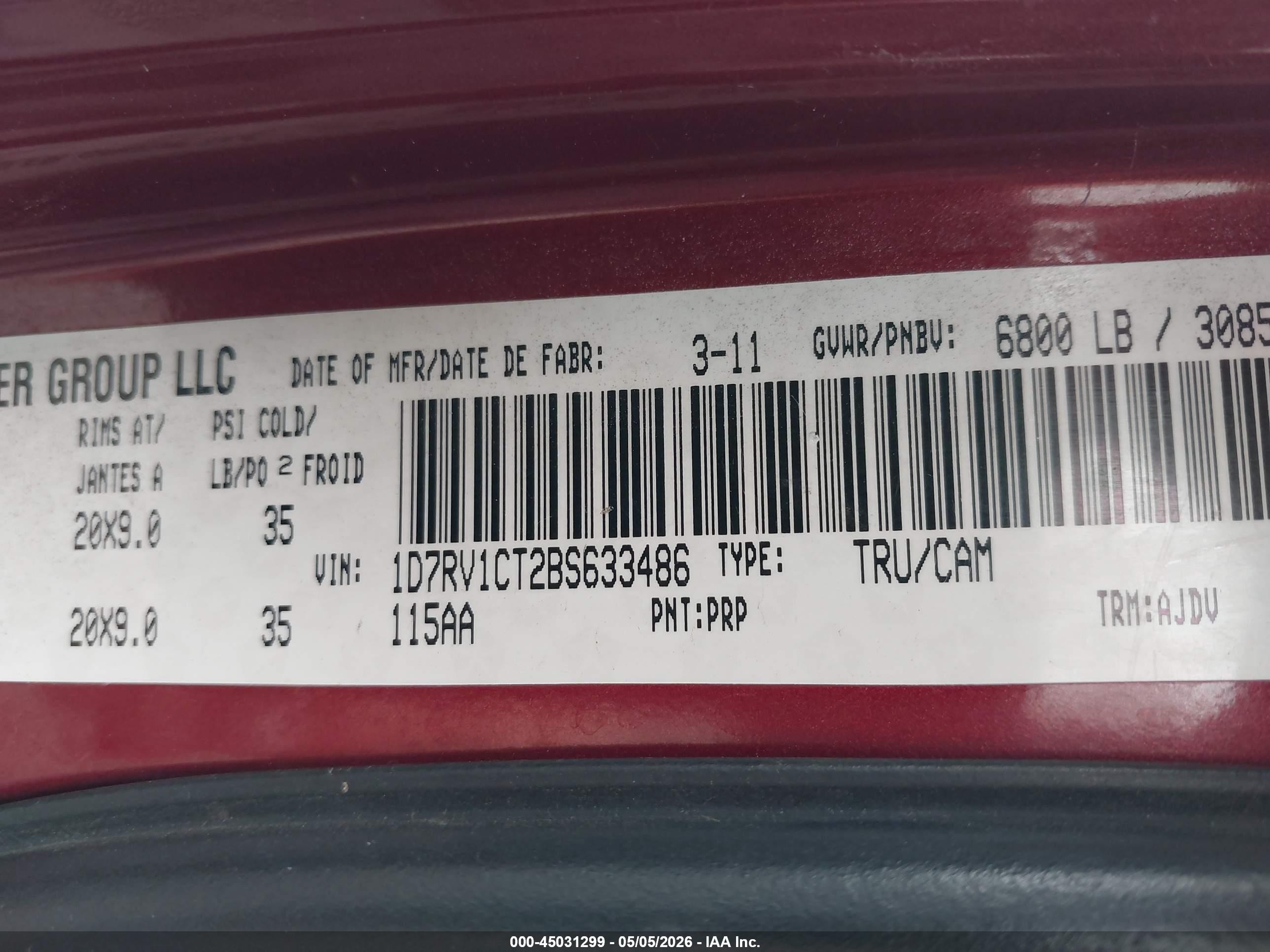 2011 Ram Ram 1500 Sport Maroon vin: 1D7RV1CT2BS633486