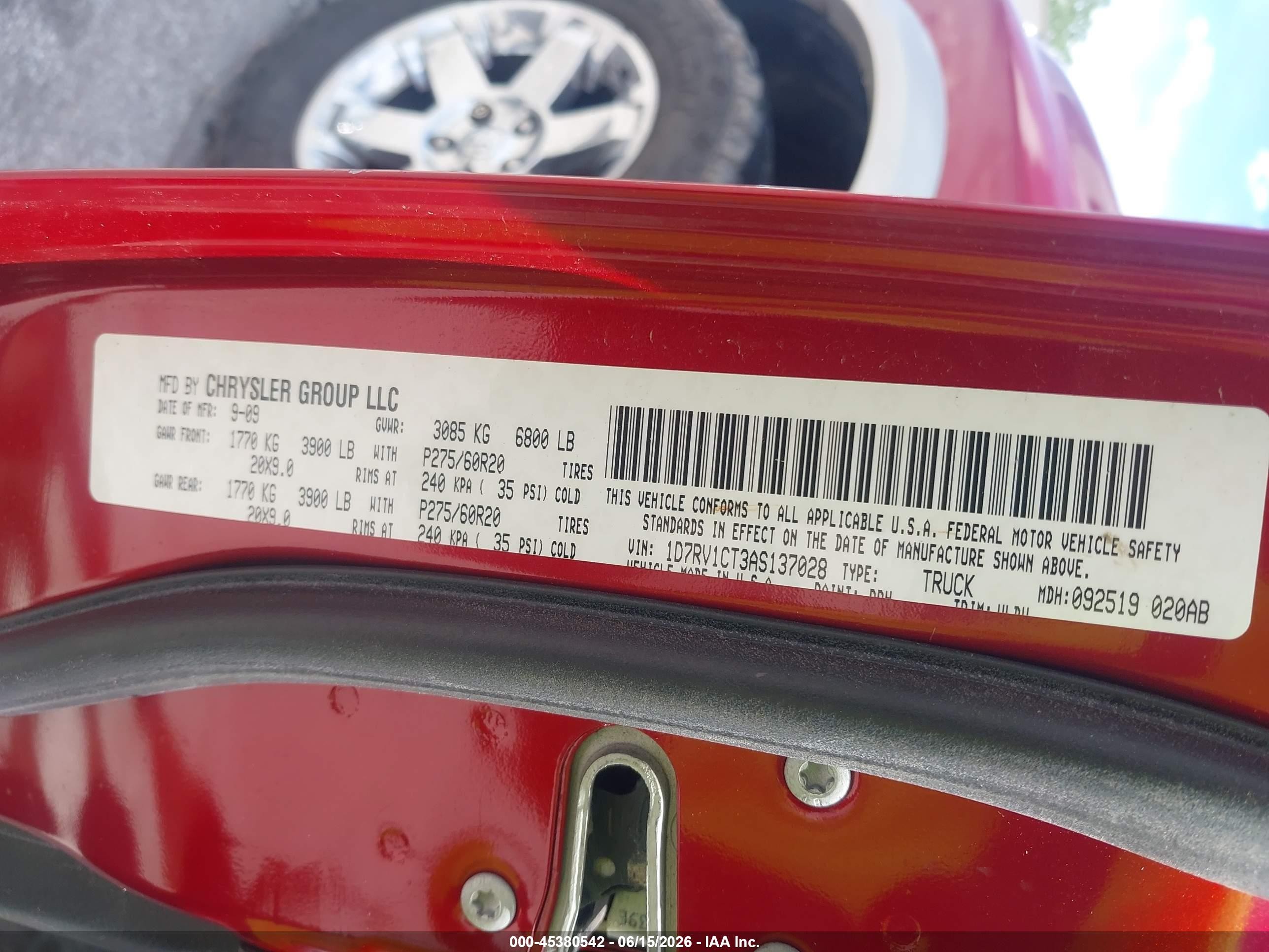 2010 Dodge Ram 1500 Laramie Red vin: 1D7RV1CT3AS137028