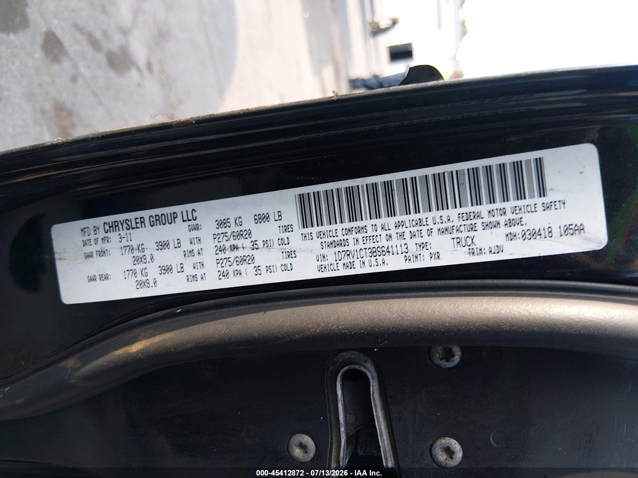 2011 Ram Ram 1500 Sport Black vin: 1D7RV1CT3BS641113
