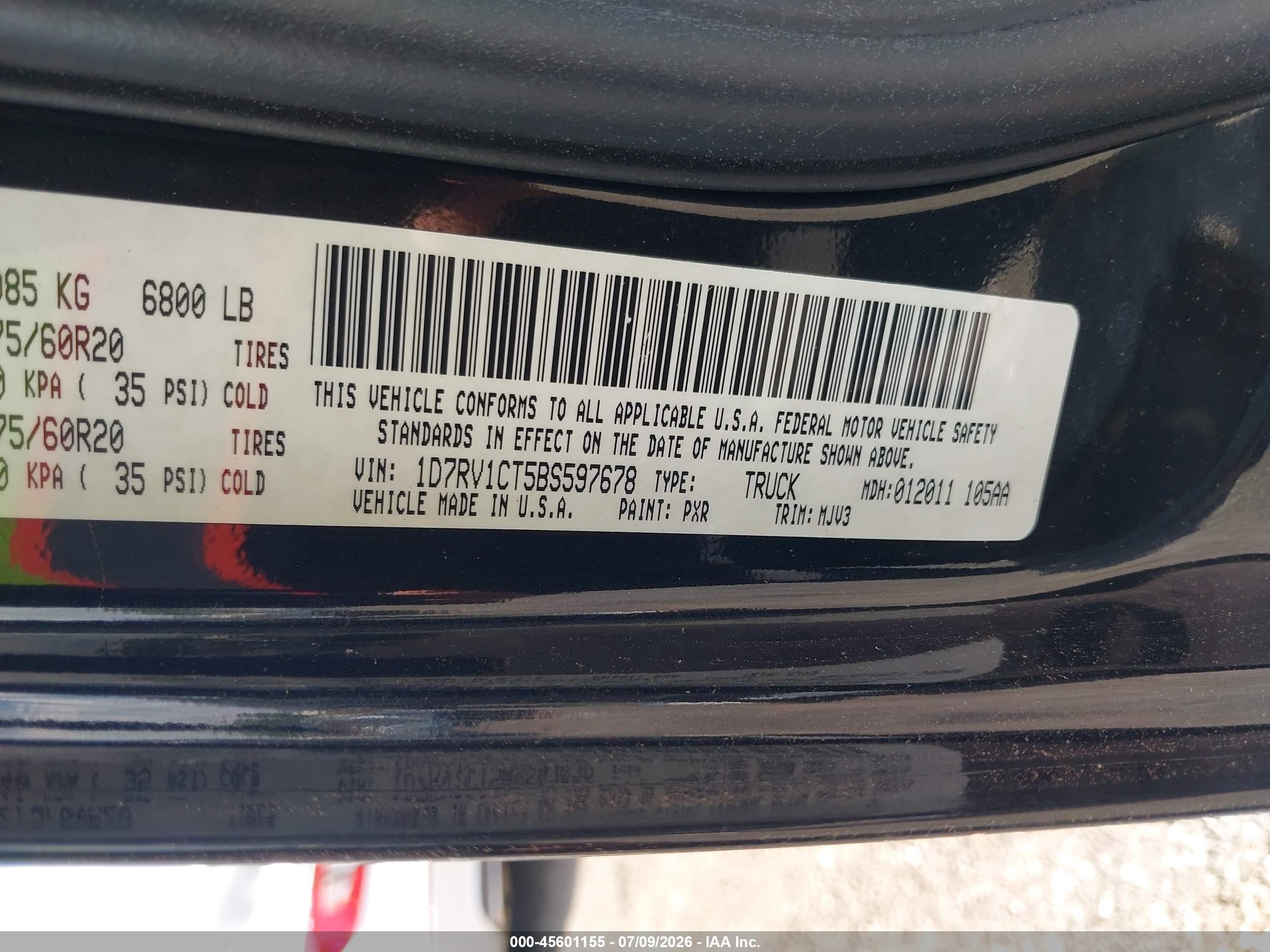 2011 Ram Ram 1500 Slt Black vin: 1D7RV1CT5BS597678