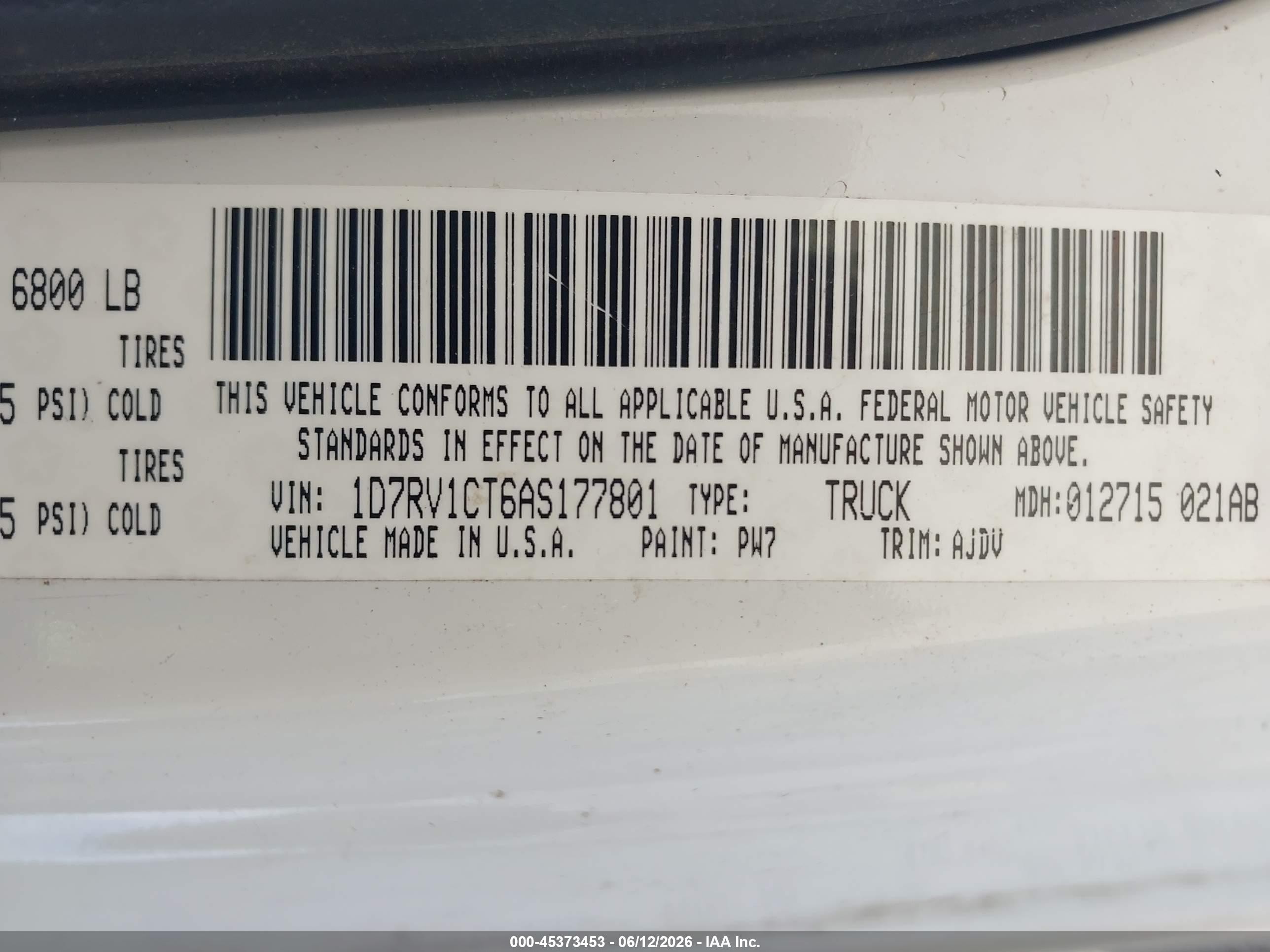 2010 Dodge Ram 1500 Slt/sport/trx White vin: 1D7RV1CT6AS177801