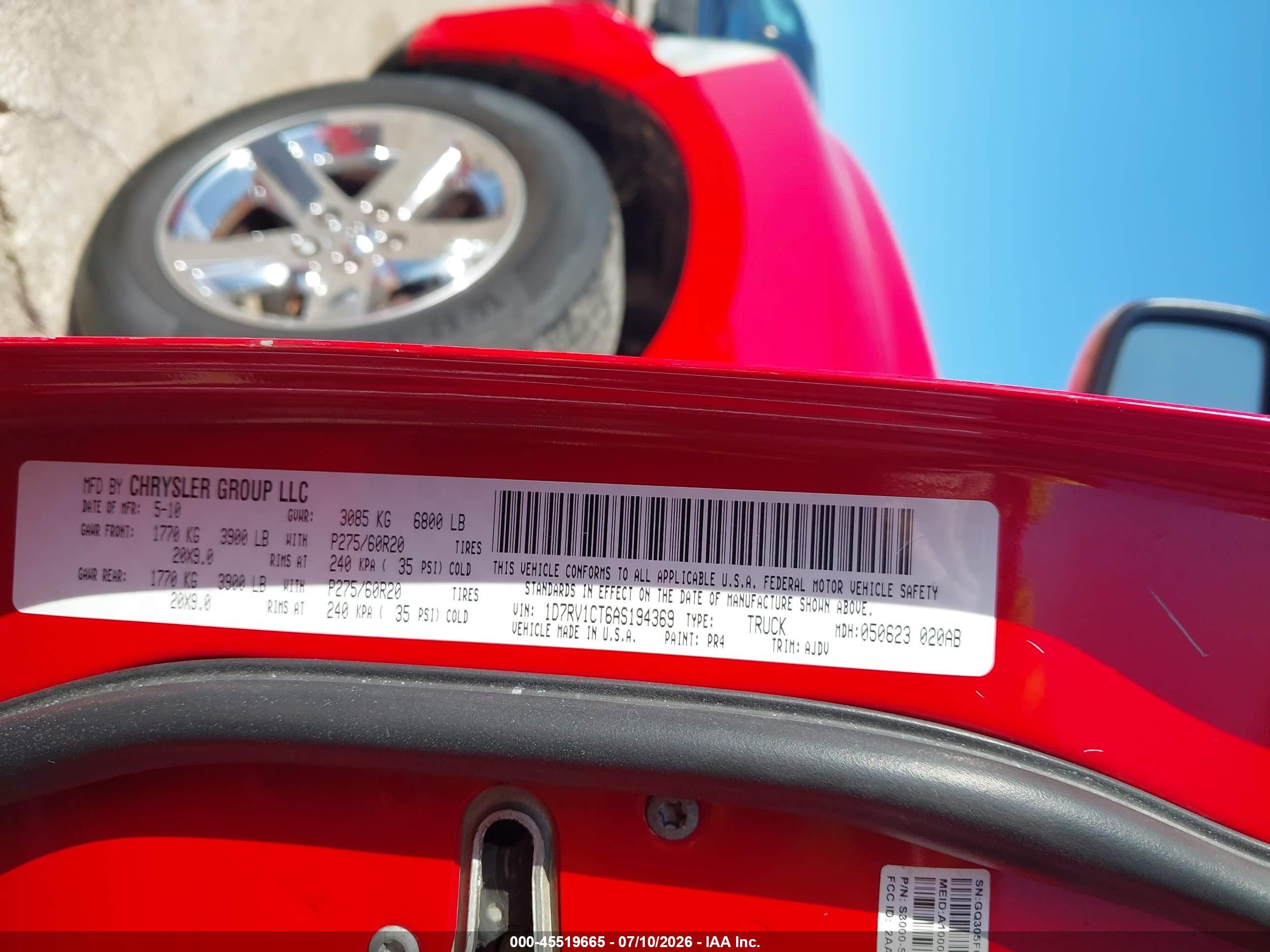 2010 Dodge Ram 1500 Slt/sport/trx Red vin: 1D7RV1CT6AS194369