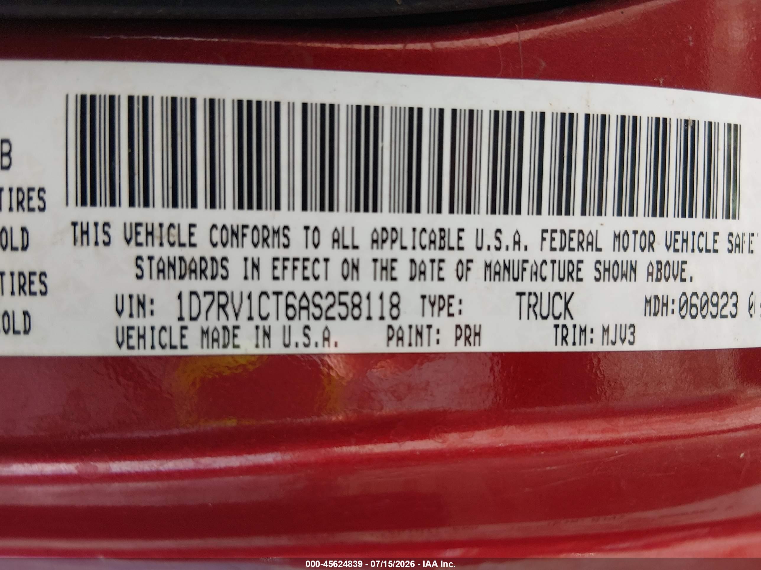 2010 Dodge Ram 1500 Slt/sport/trx Red vin: 1D7RV1CT6AS258118