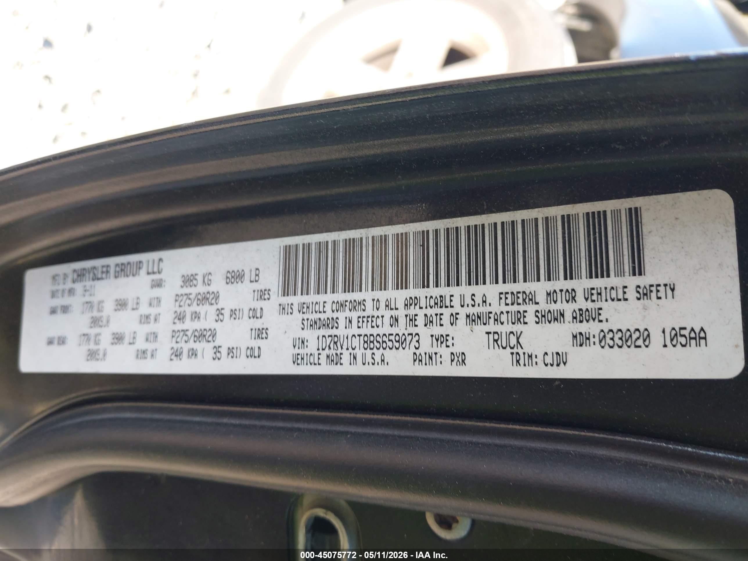 2011 Ram Ram 1500 Sport Черный vin: 1D7RV1CT8BS659073