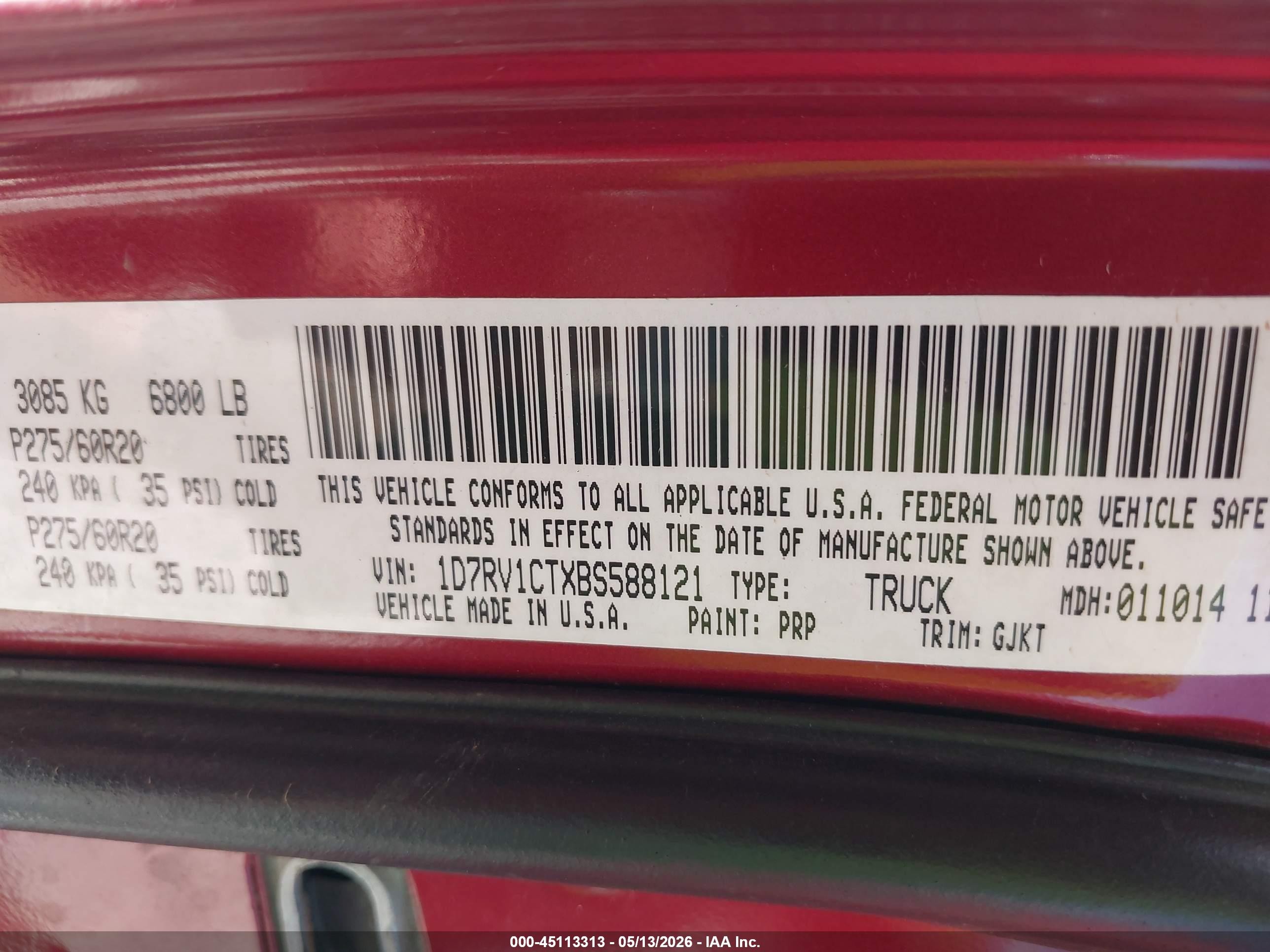 2011 Ram Ram 1500 Laramie Темно-бордовый vin: 1D7RV1CTXBS588121