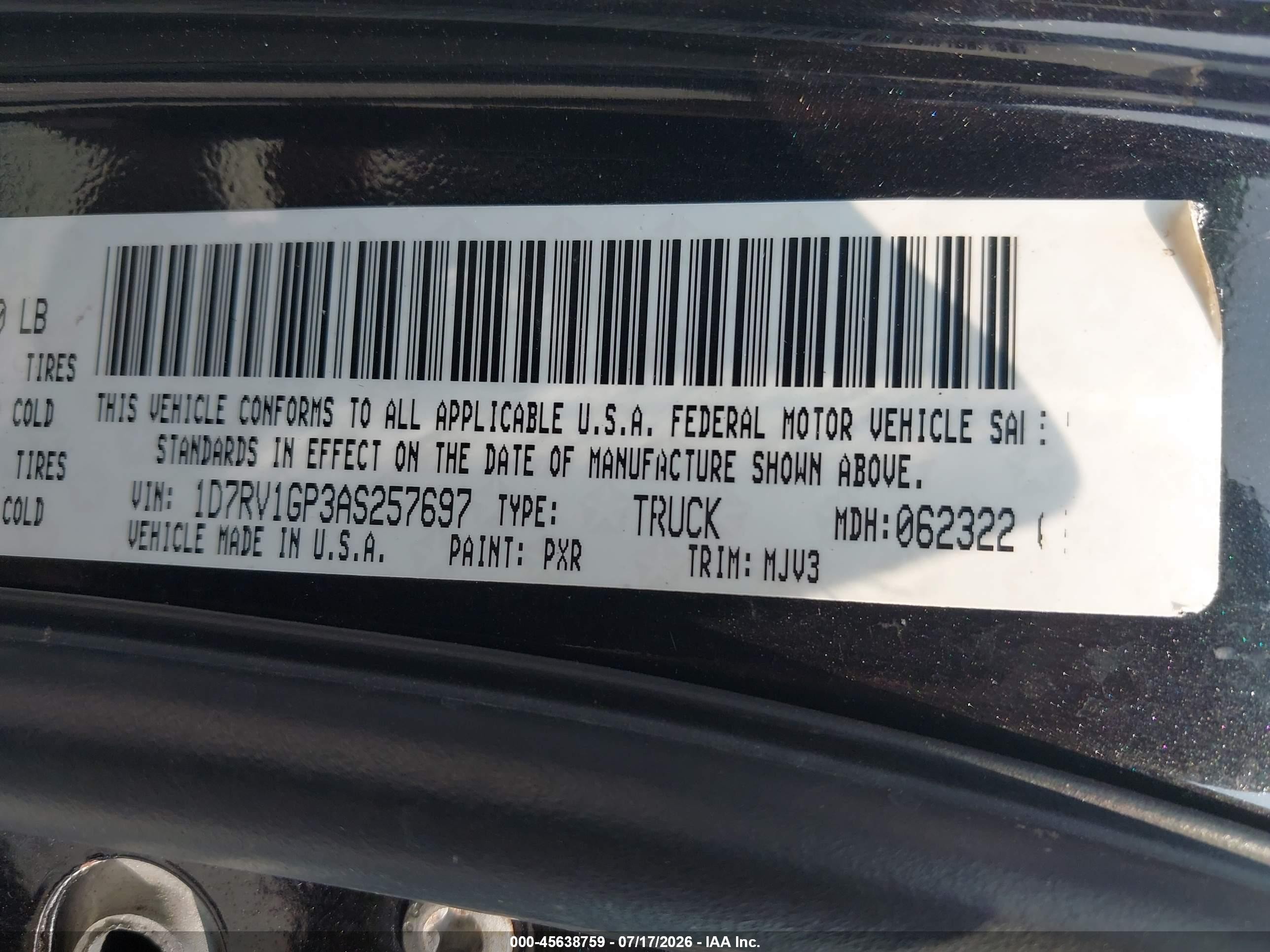 2010 Dodge Ram 1500 Slt/sport/trx Black vin: 1D7RV1GP3AS257697