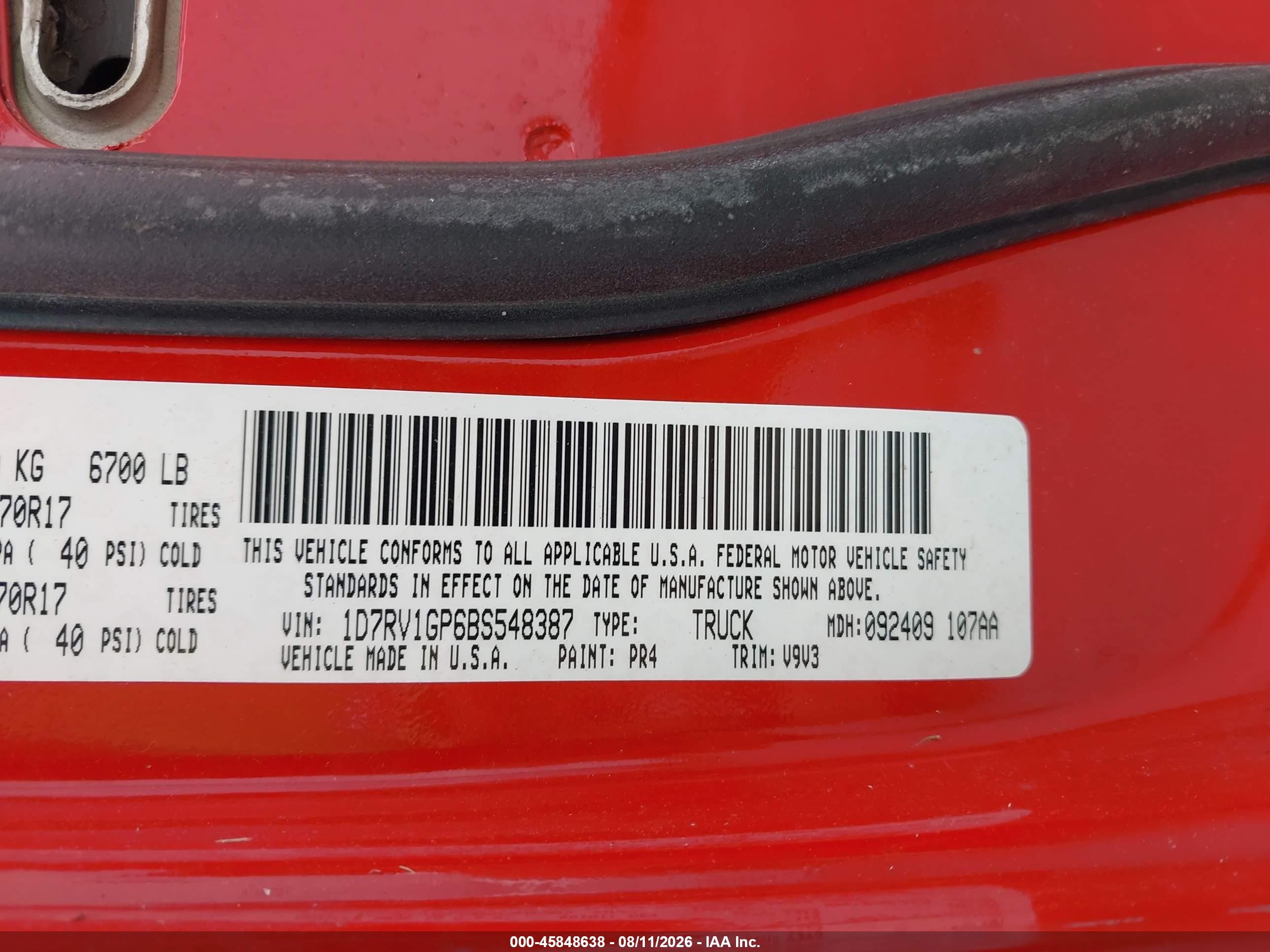 2011 Ram Ram 1500 Slt Red vin: 1D7RV1GP6BS548387