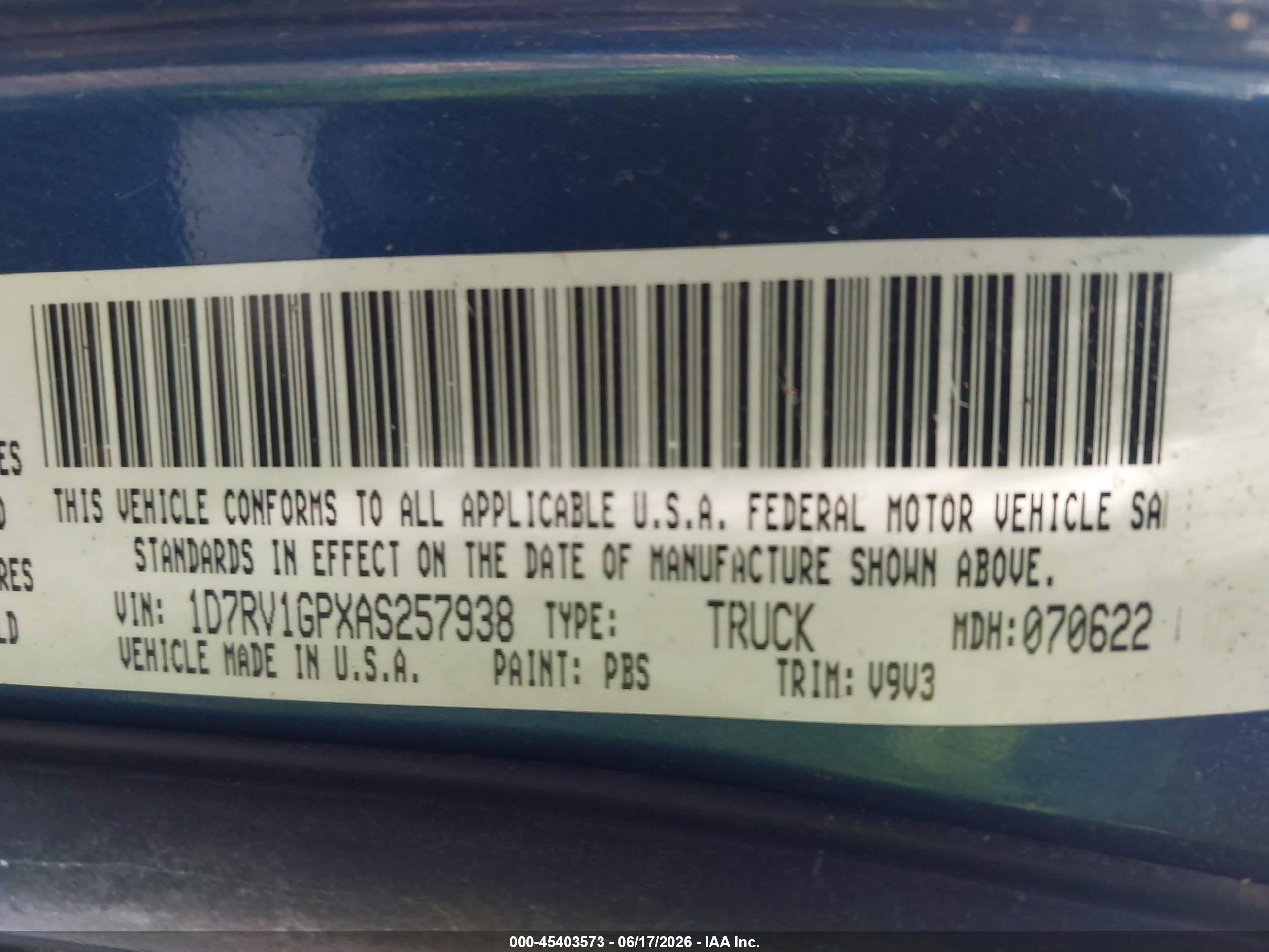 2010 Dodge Ram 1500 St Blue vin: 1D7RV1GPXAS257938