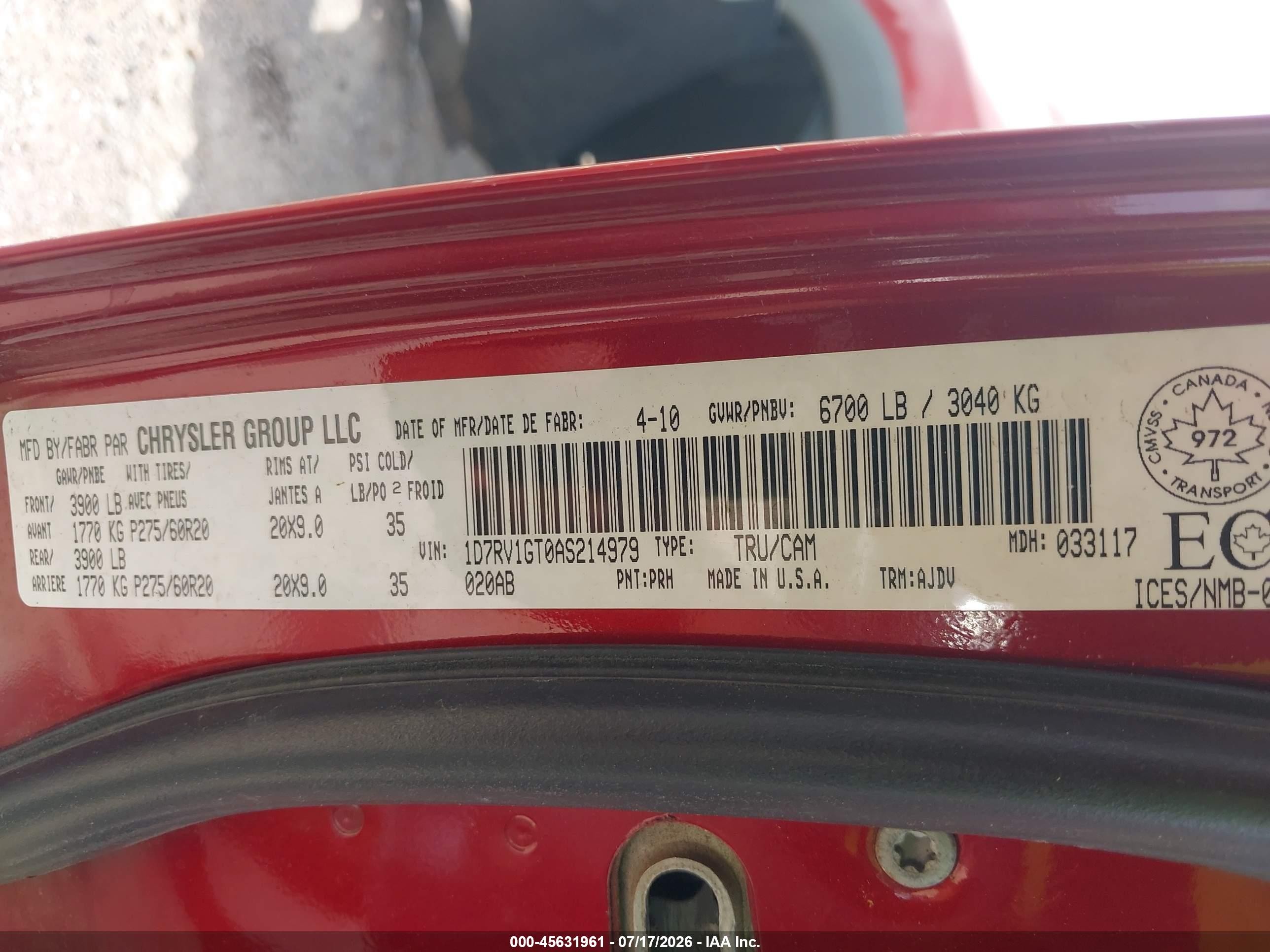 2010 Dodge Ram 1500 Sport Red vin: 1D7RV1GT0AS214979