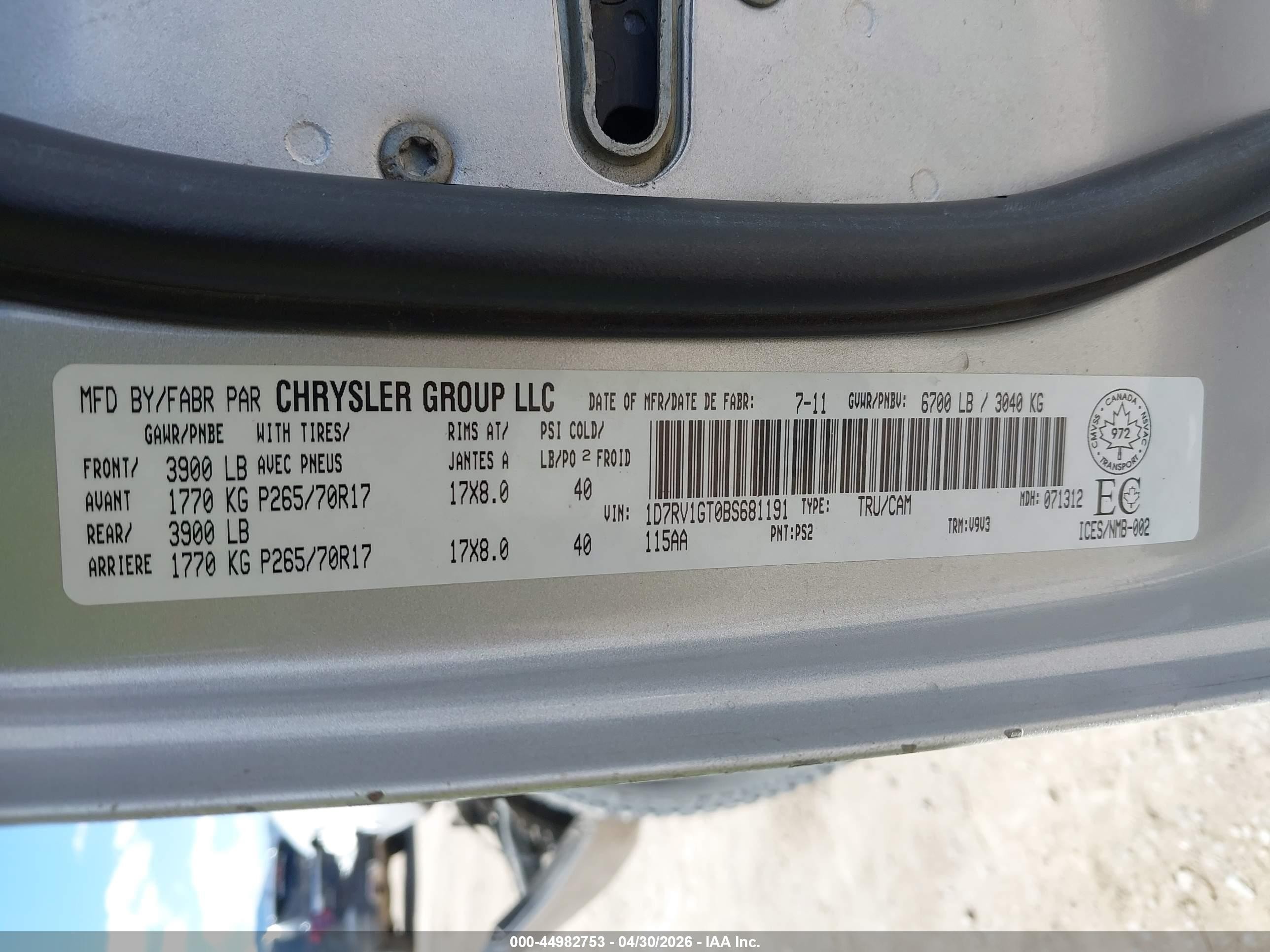 2011 Ram Ram 1500 St Silver vin: 1D7RV1GT0BS681191