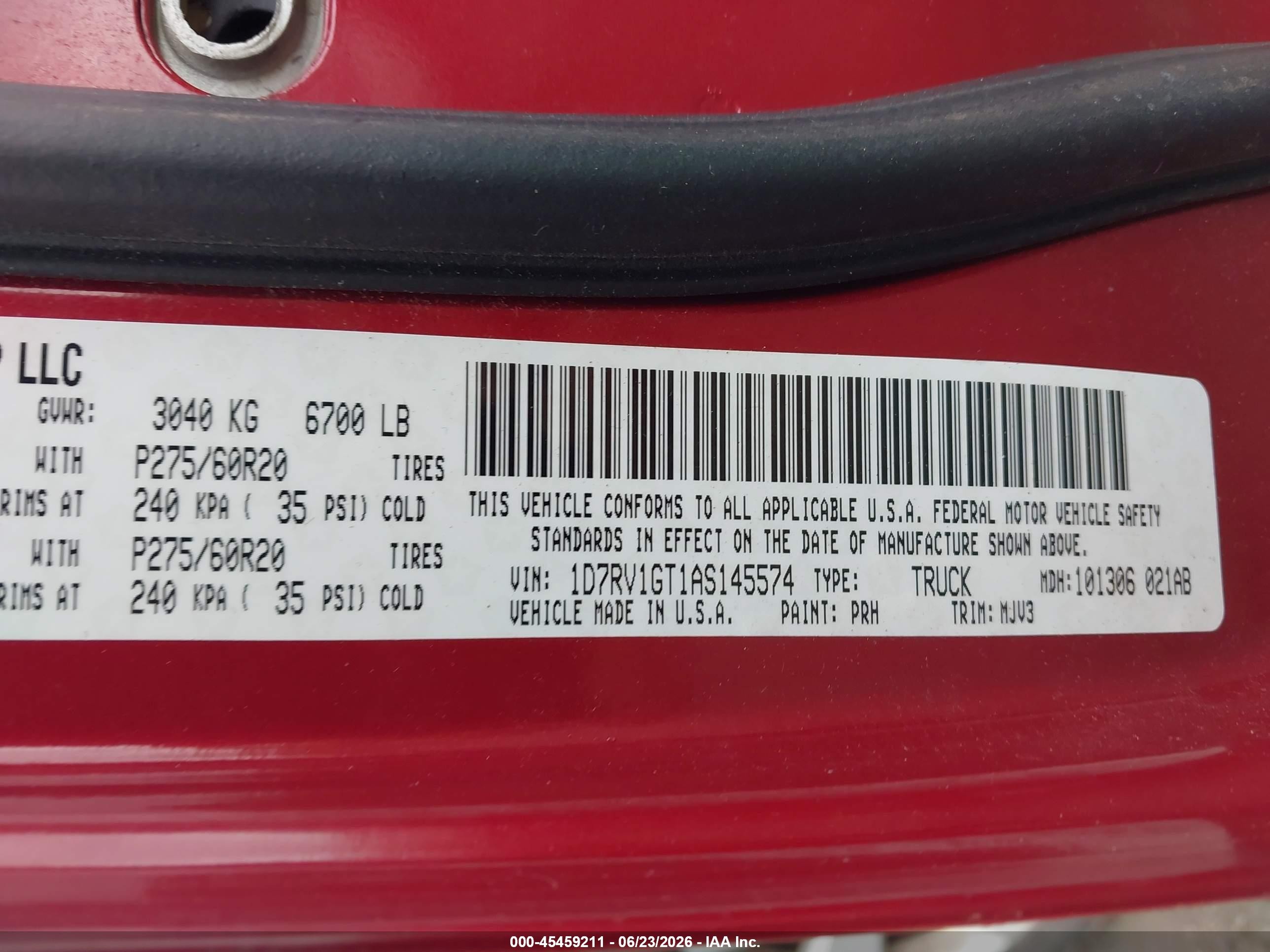 2010 Dodge Ram 1500 Slt/sport/trx Red vin: 1D7RV1GT1AS145574