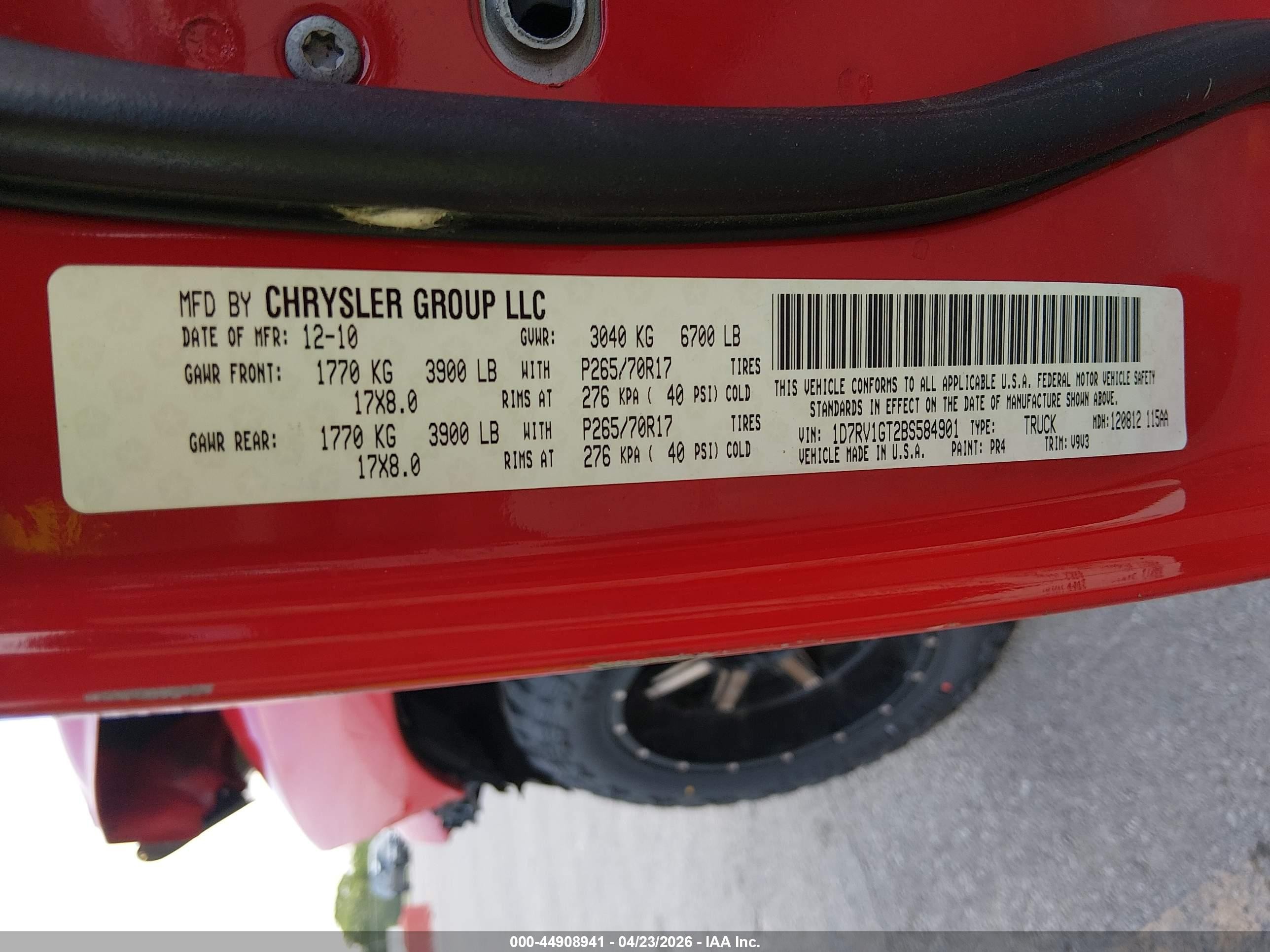 2011 Ram Ram 1500 St Red vin: 1D7RV1GT2BS584901