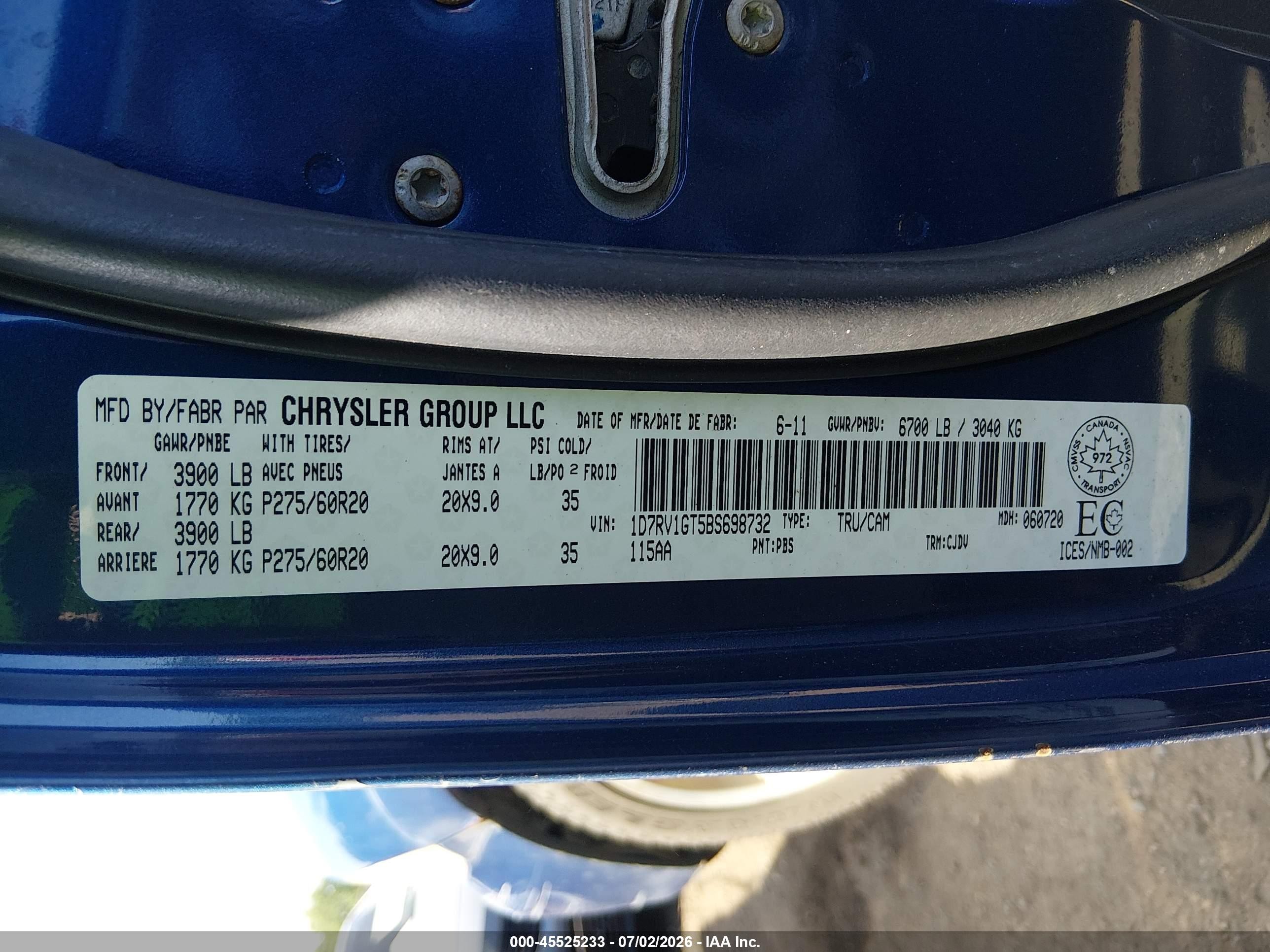 2011 Ram Ram 1500 Sport Blue vin: 1D7RV1GT5BS698732