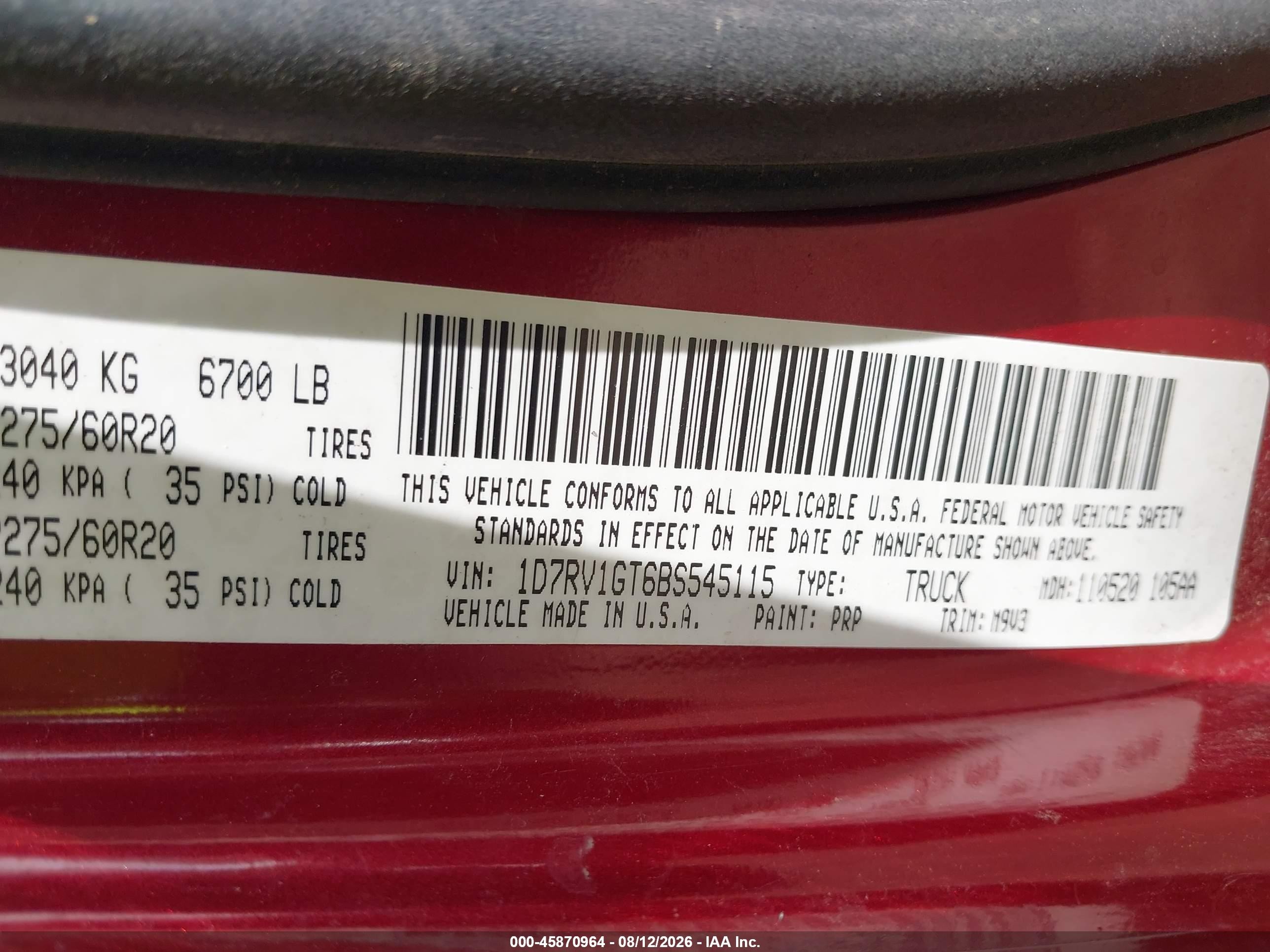2011 Ram Ram 1500 Slt Red vin: 1D7RV1GT6BS545115