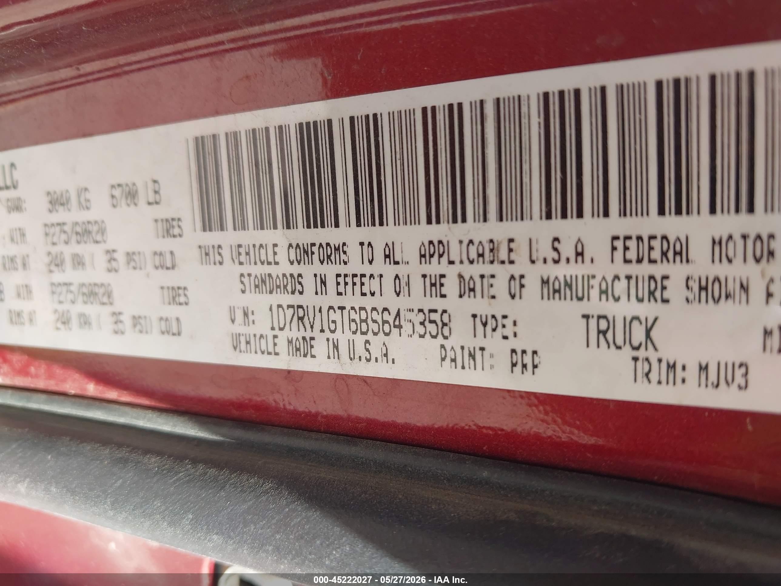 2011 Ram Ram 1500 Slt Red vin: 1D7RV1GT6BS645358