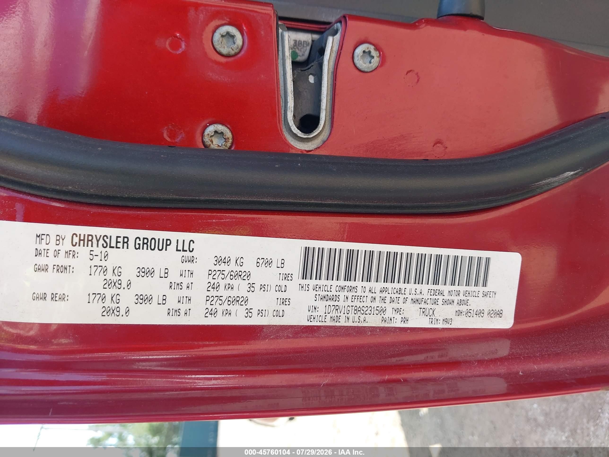 2010 Dodge Ram 1500 Slt/sport/trx Red vin: 1D7RV1GT8AS231500
