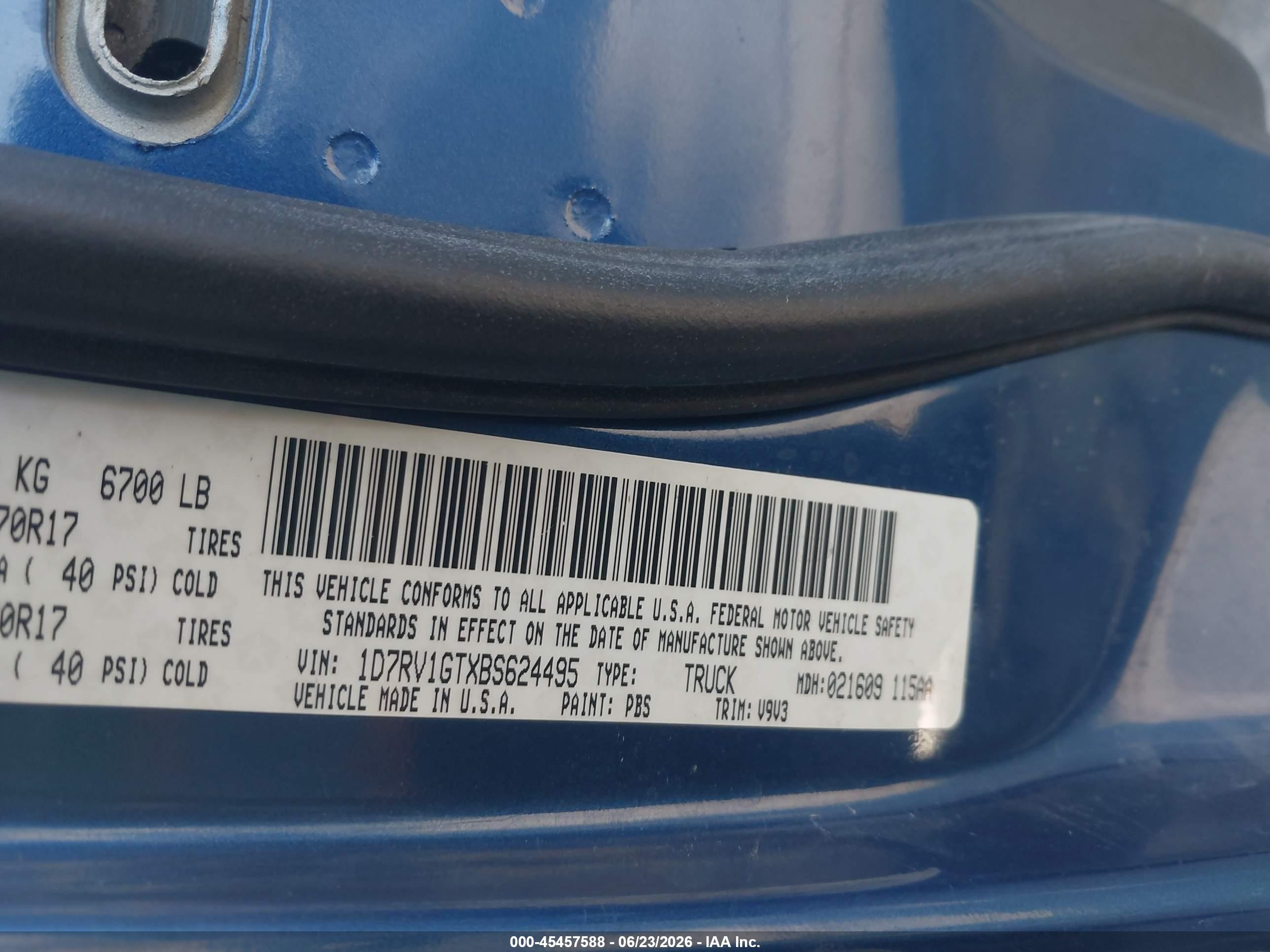 2011 Ram Ram 1500 Slt Blue vin: 1D7RV1GTXBS624495
