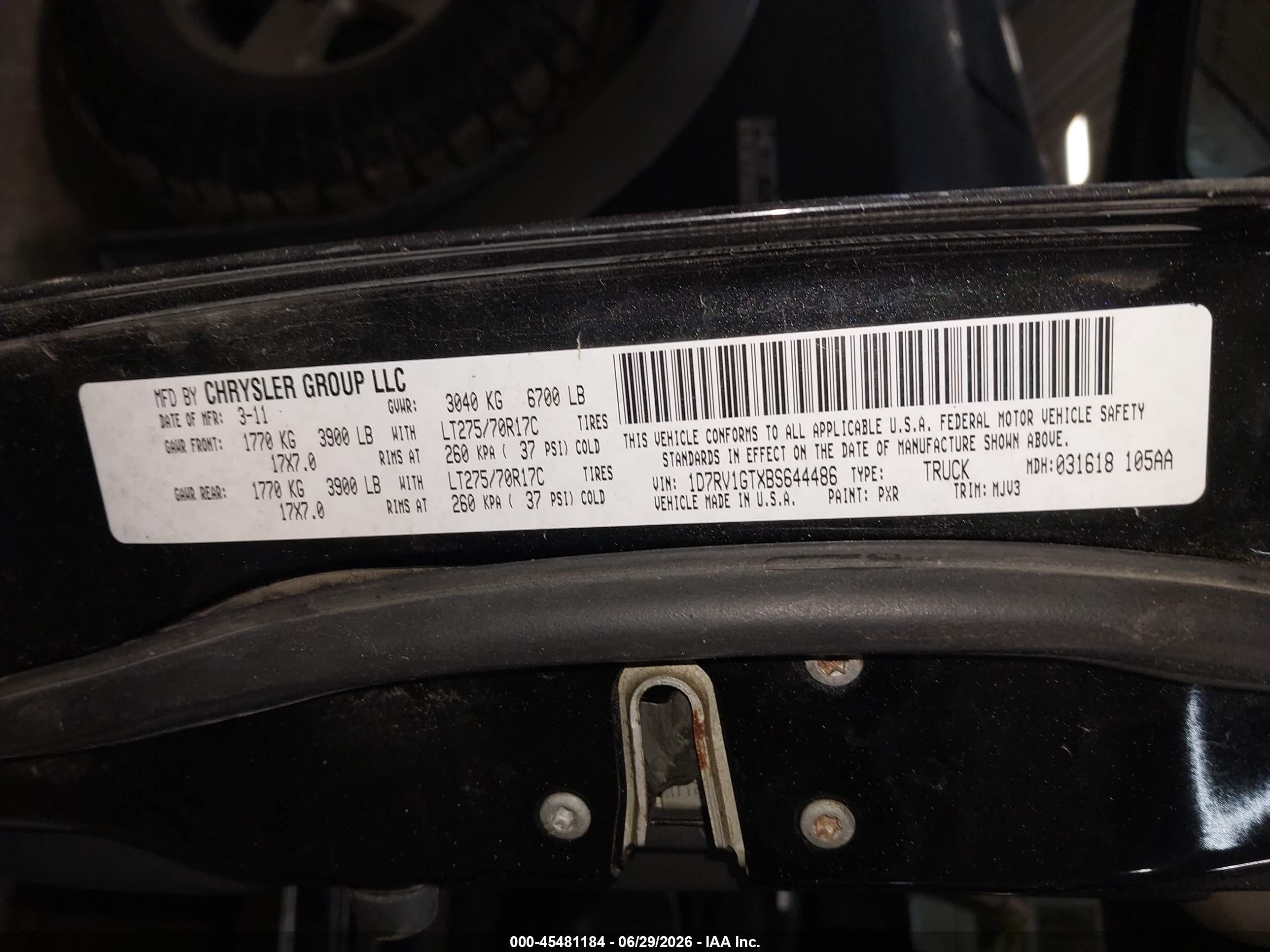 2011 Ram Ram 1500 Slt Черный vin: 1D7RV1GTXBS644486