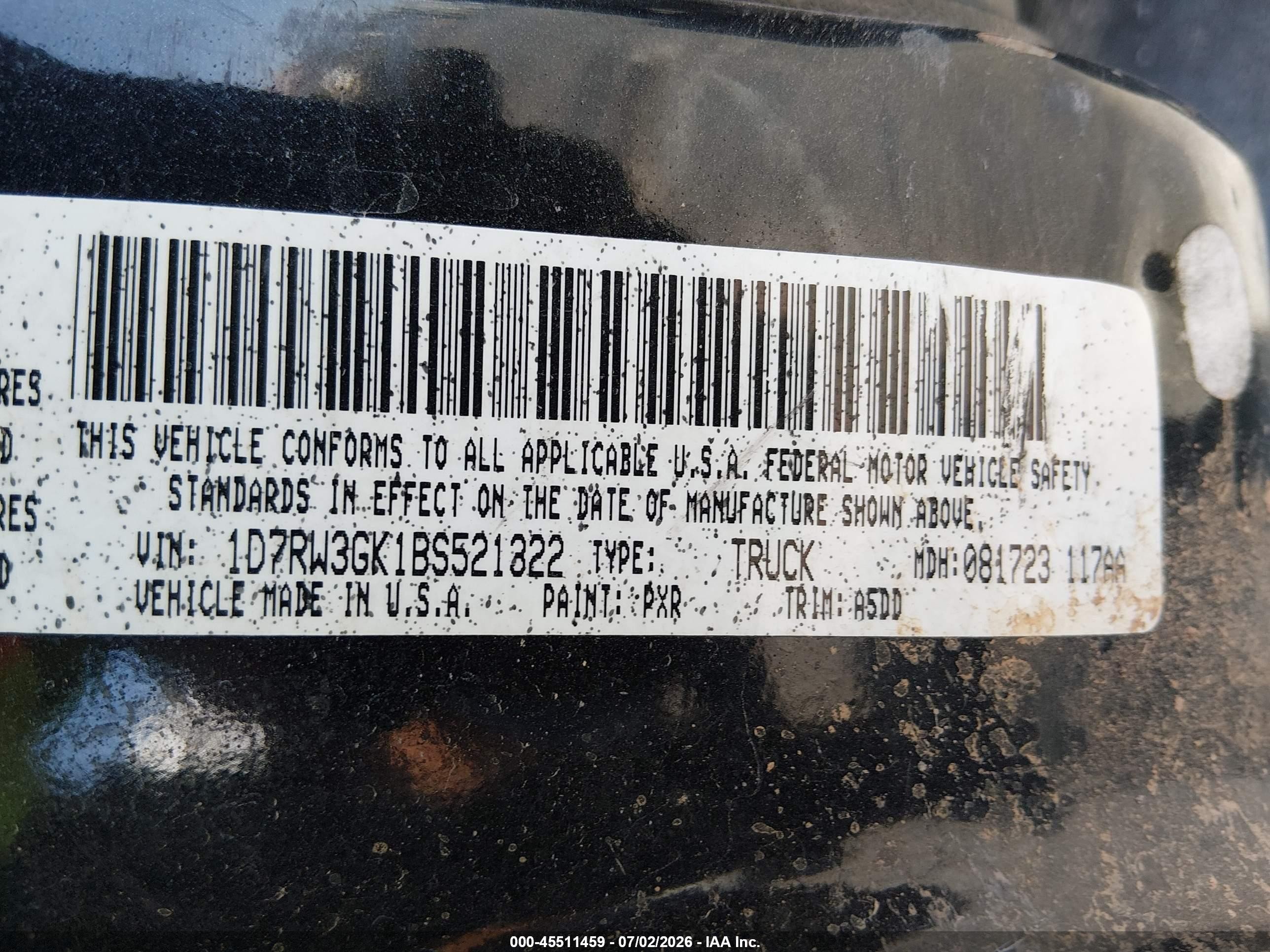 2011 Ram Dakota Bighorn/lonestar Black vin: 1D7RW3GK1BS521322
