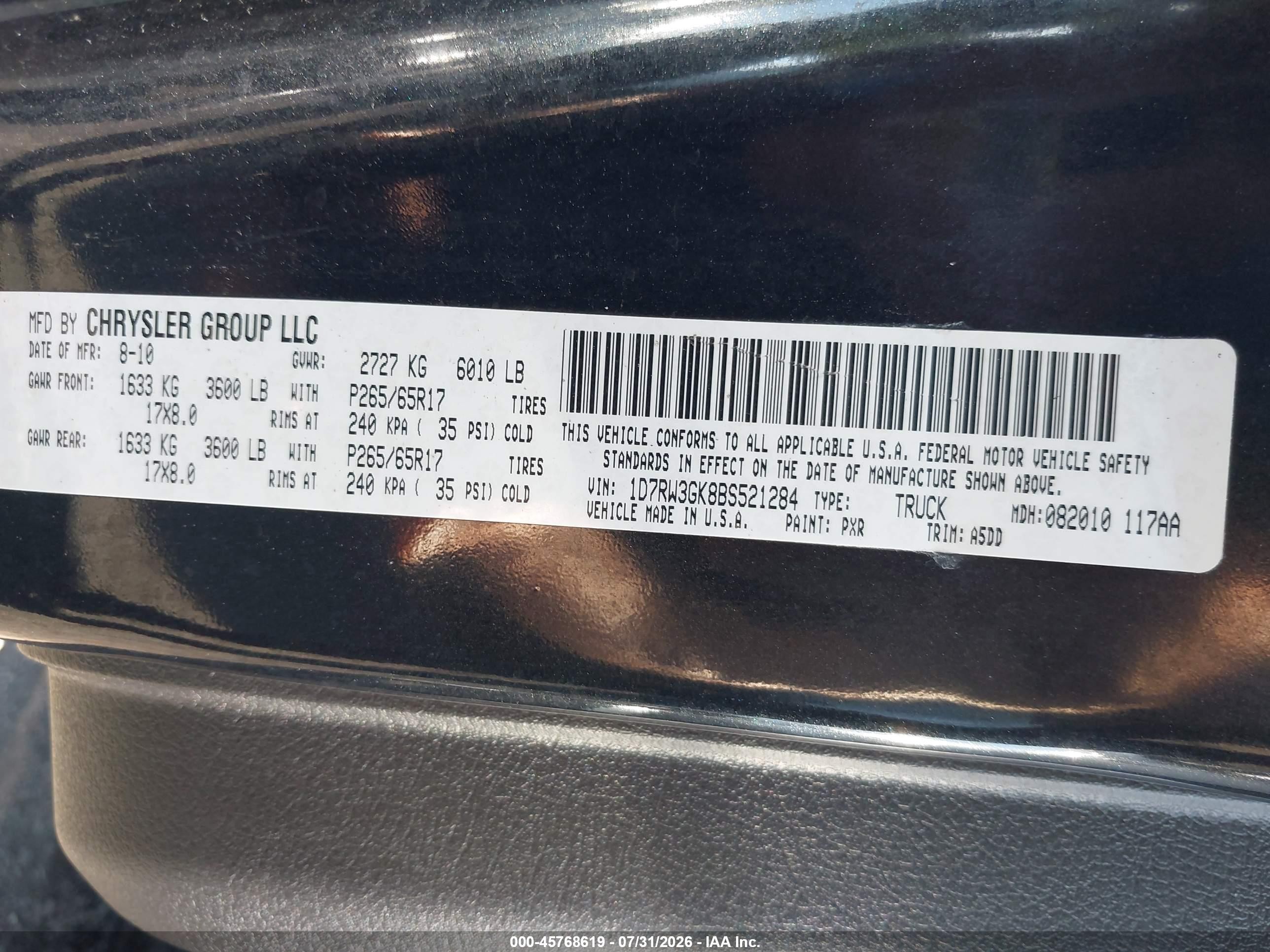 2011 Ram Dakota Bighorn/lonestar Black vin: 1D7RW3GK8BS521284