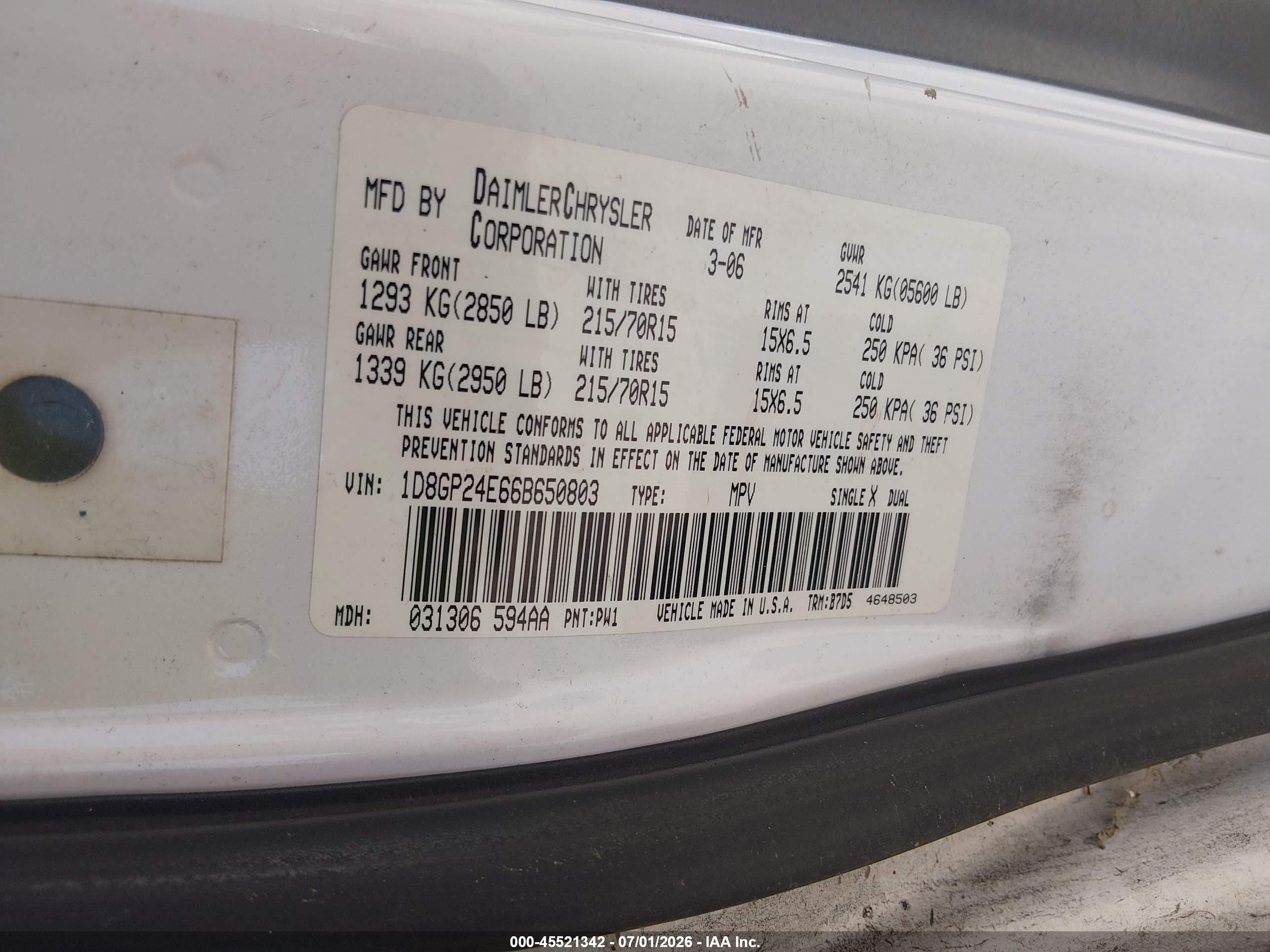 2006 Dodge Grand Caravan Se White vin: 1D8GP24E66B650803