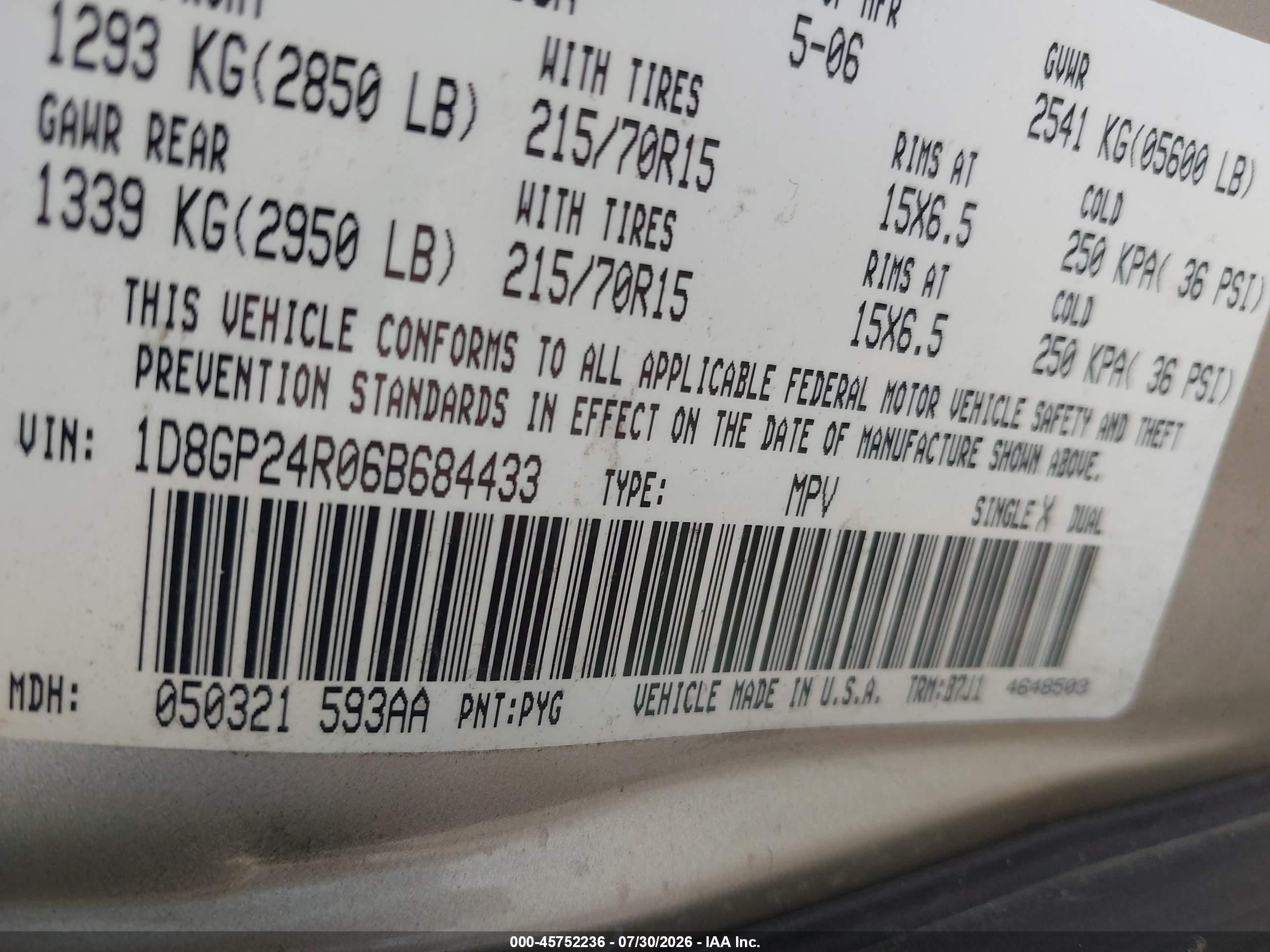 2006 Dodge Grand Caravan Se Gold vin: 1D8GP24R06B684433