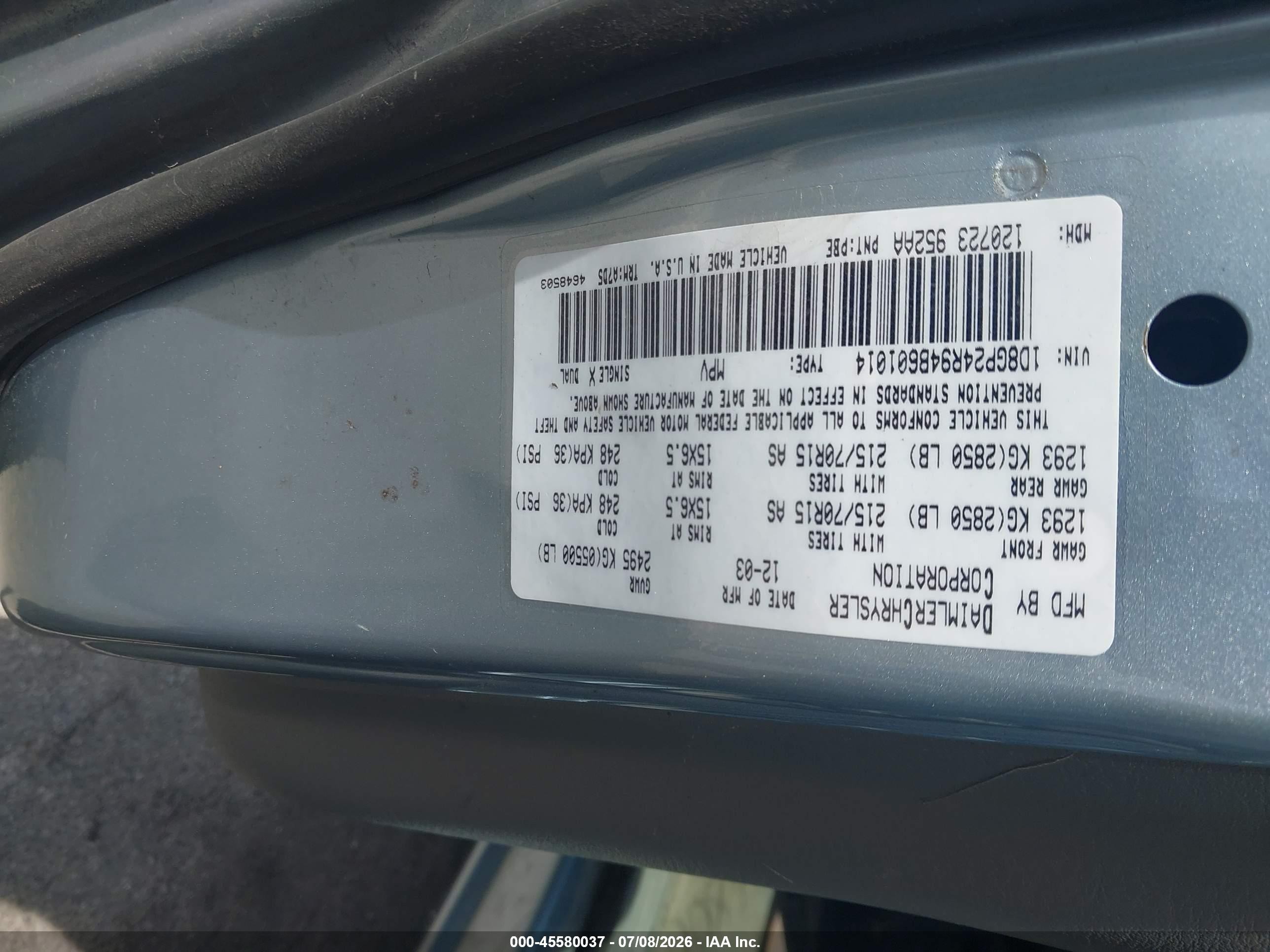 2004 Dodge Grand Caravan Se Blue vin: 1D8GP24R94B601014