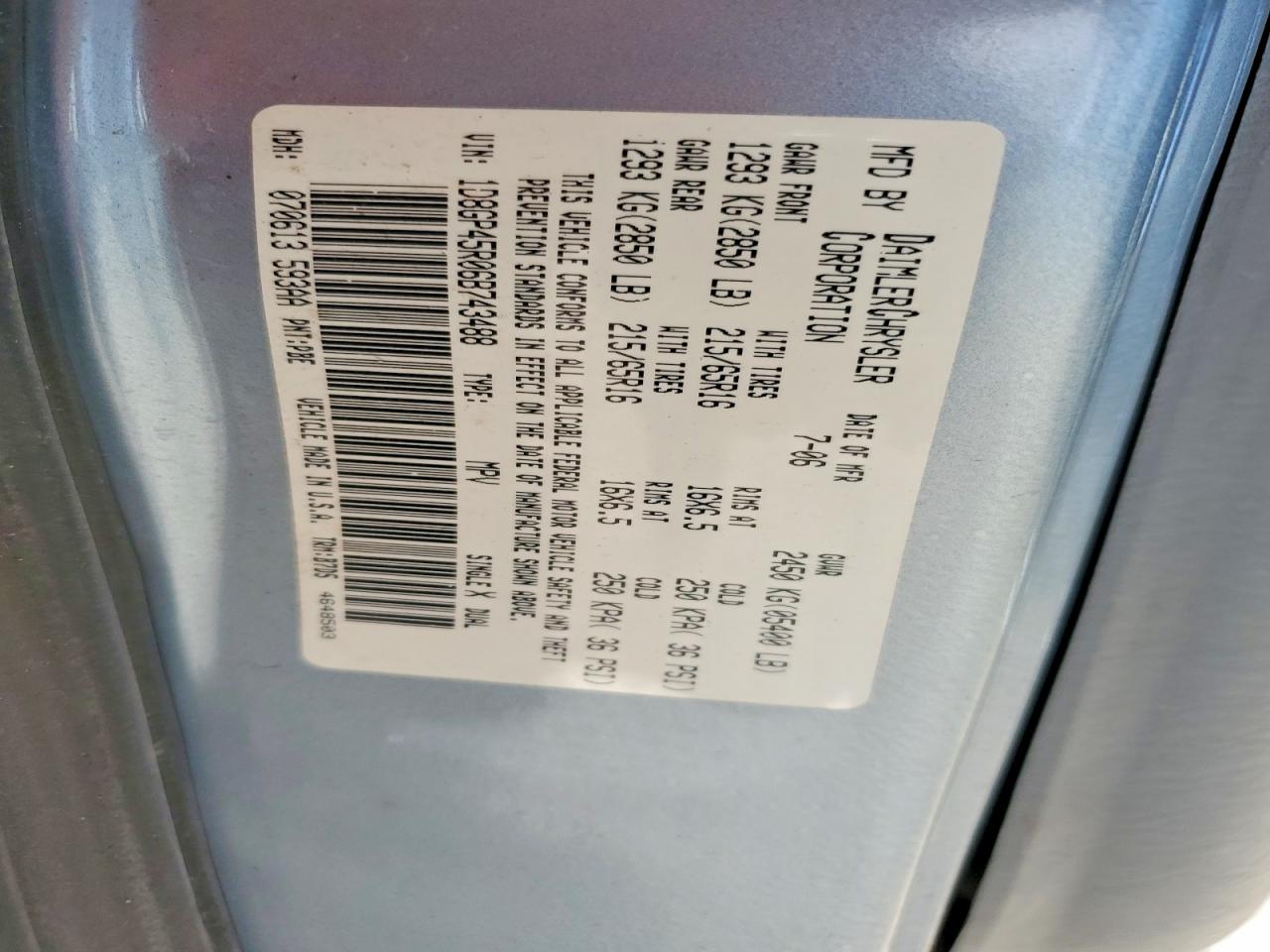 2006 Dodge Caravan Sxt Blue vin: 1D8GP45R06B743488