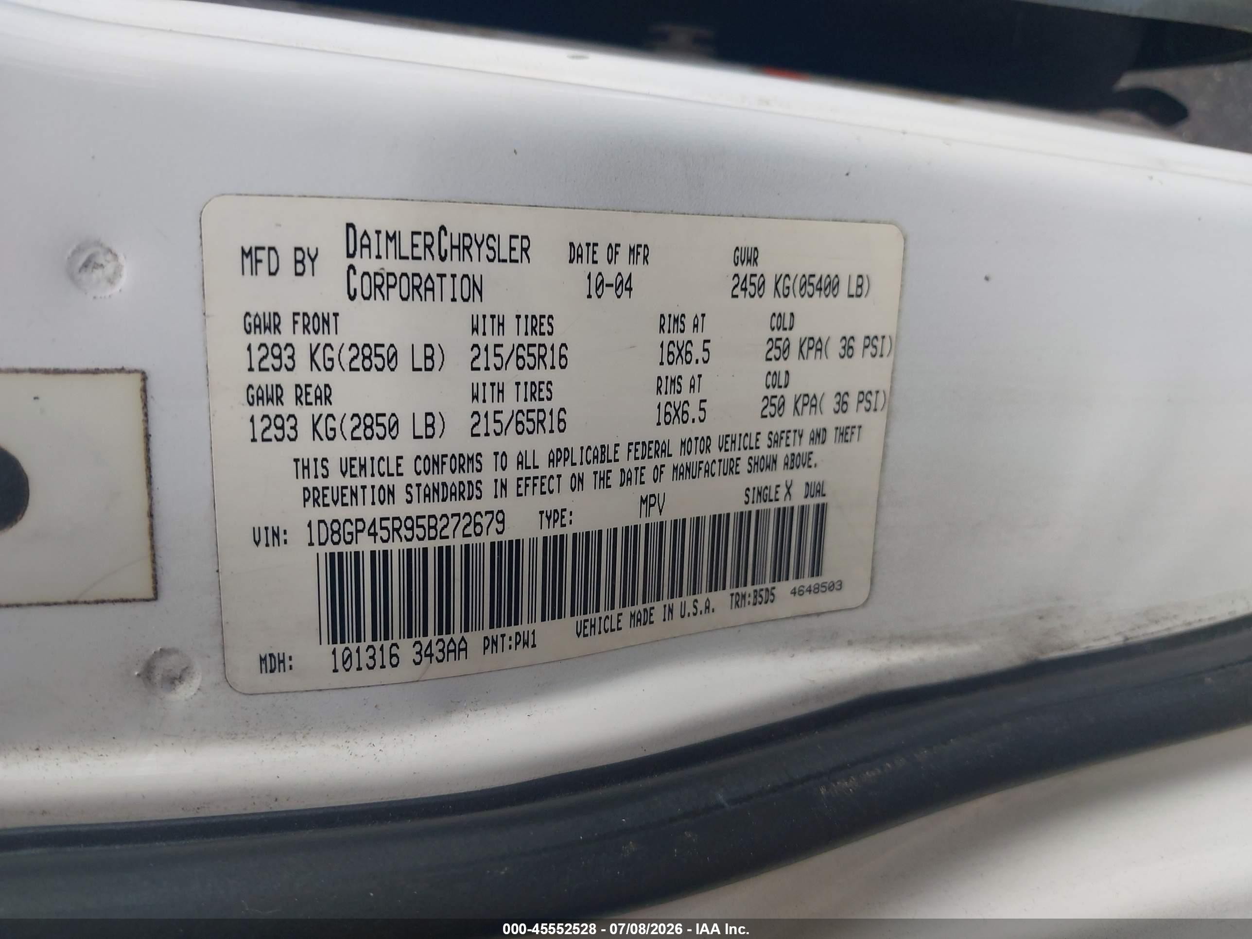 2005 Dodge Caravan Sxt White vin: 1D8GP45R95B272679