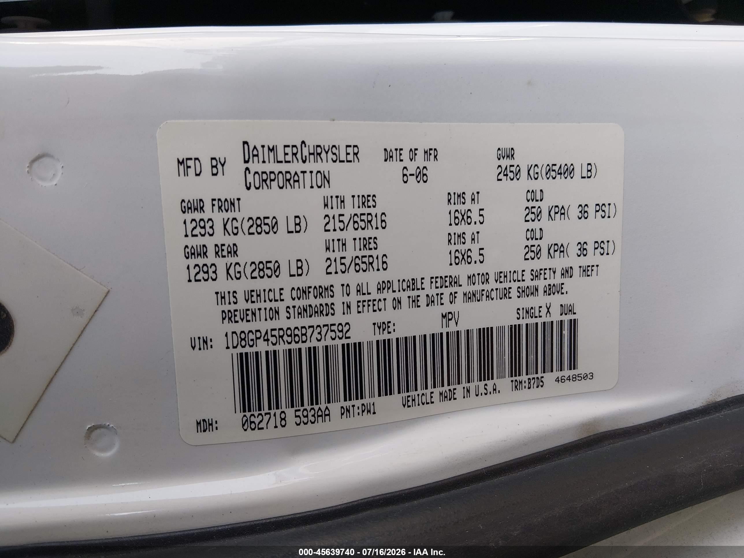 2006 Dodge Caravan Sxt White vin: 1D8GP45R96B737592