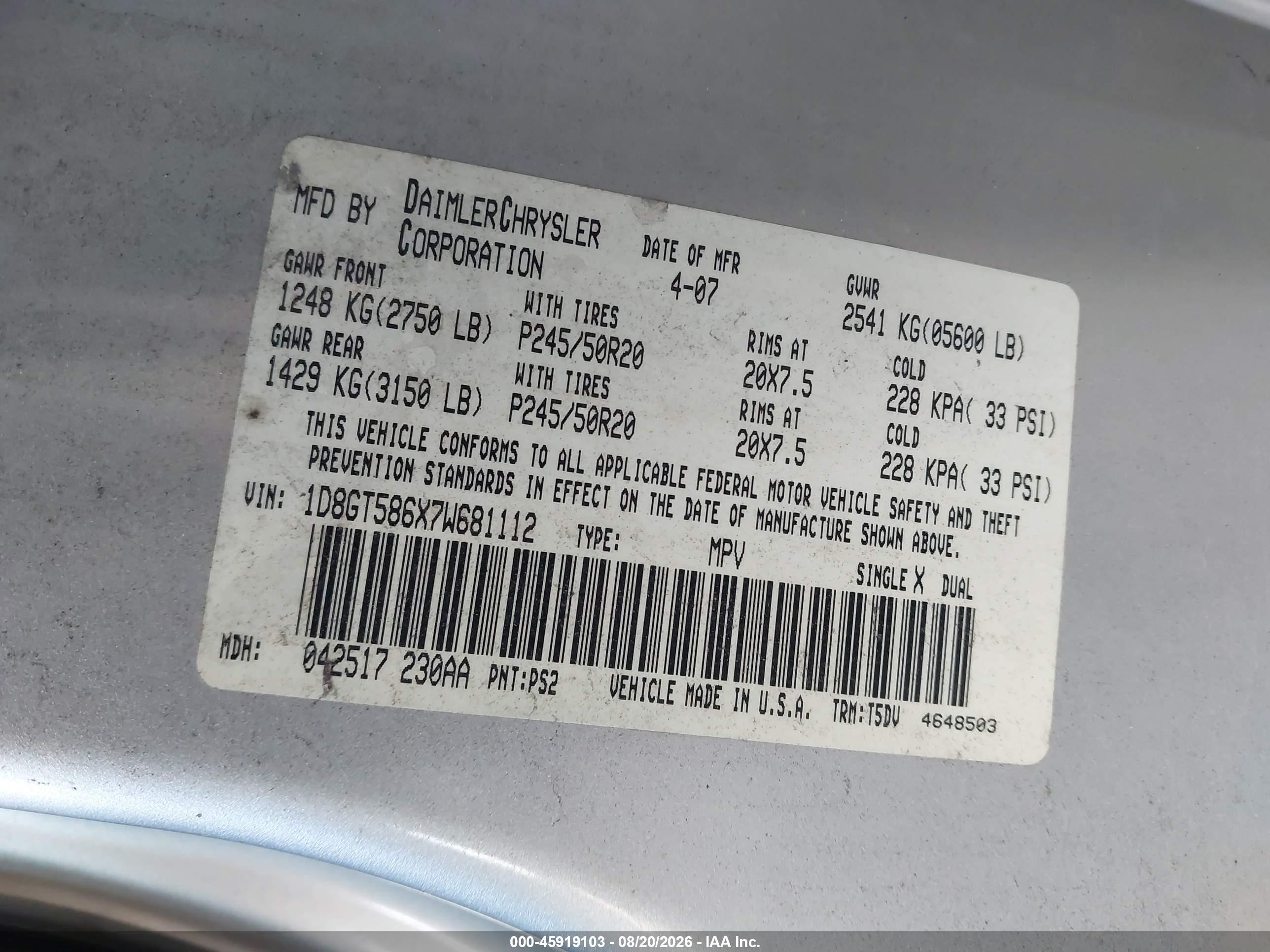 2007 Dodge Nitro Slt/rt Silver vin: 1D8GT586X7W681112