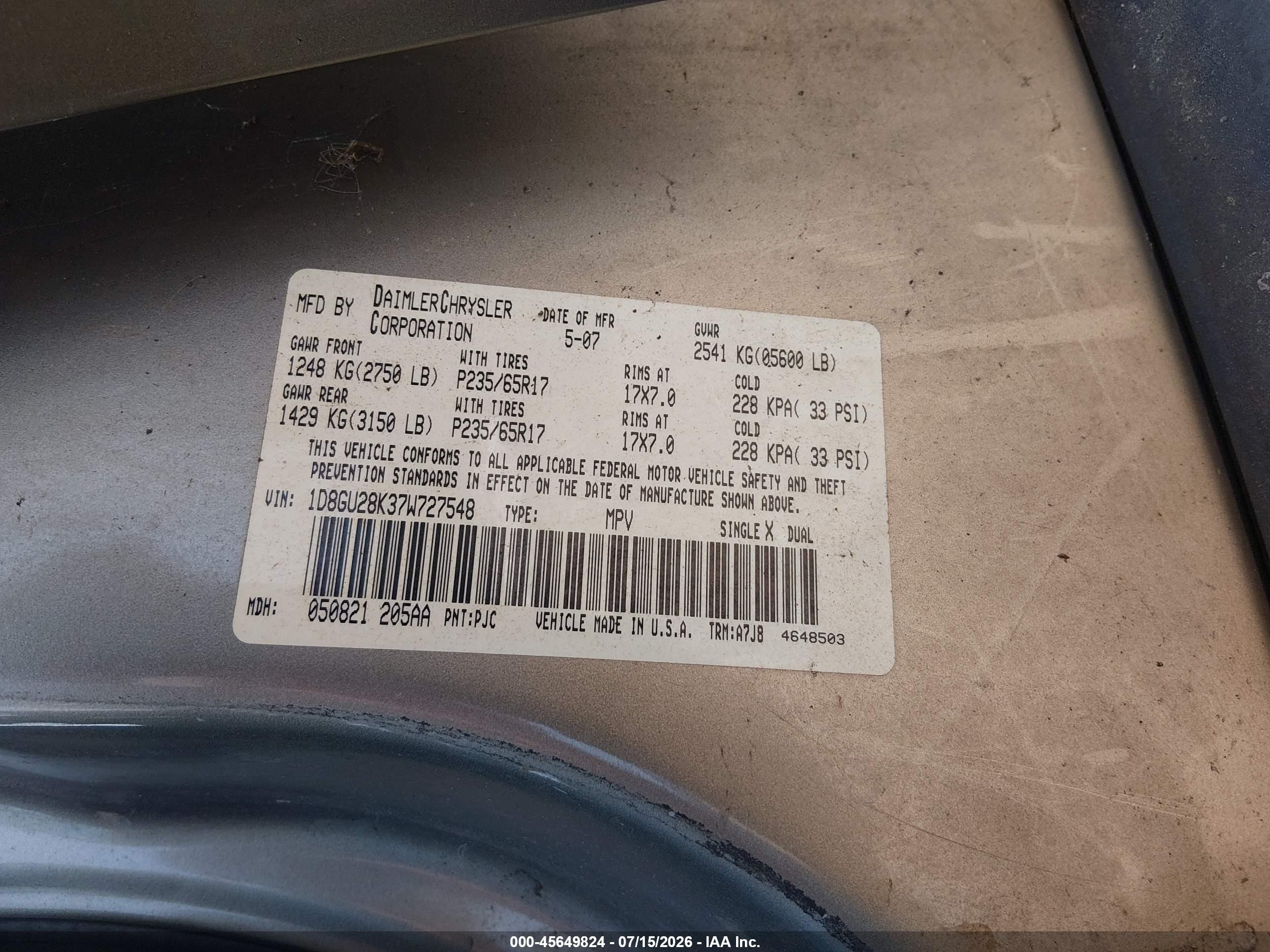 2007 Dodge Nitro Sxt Gray vin: 1D8GU28K37W727548