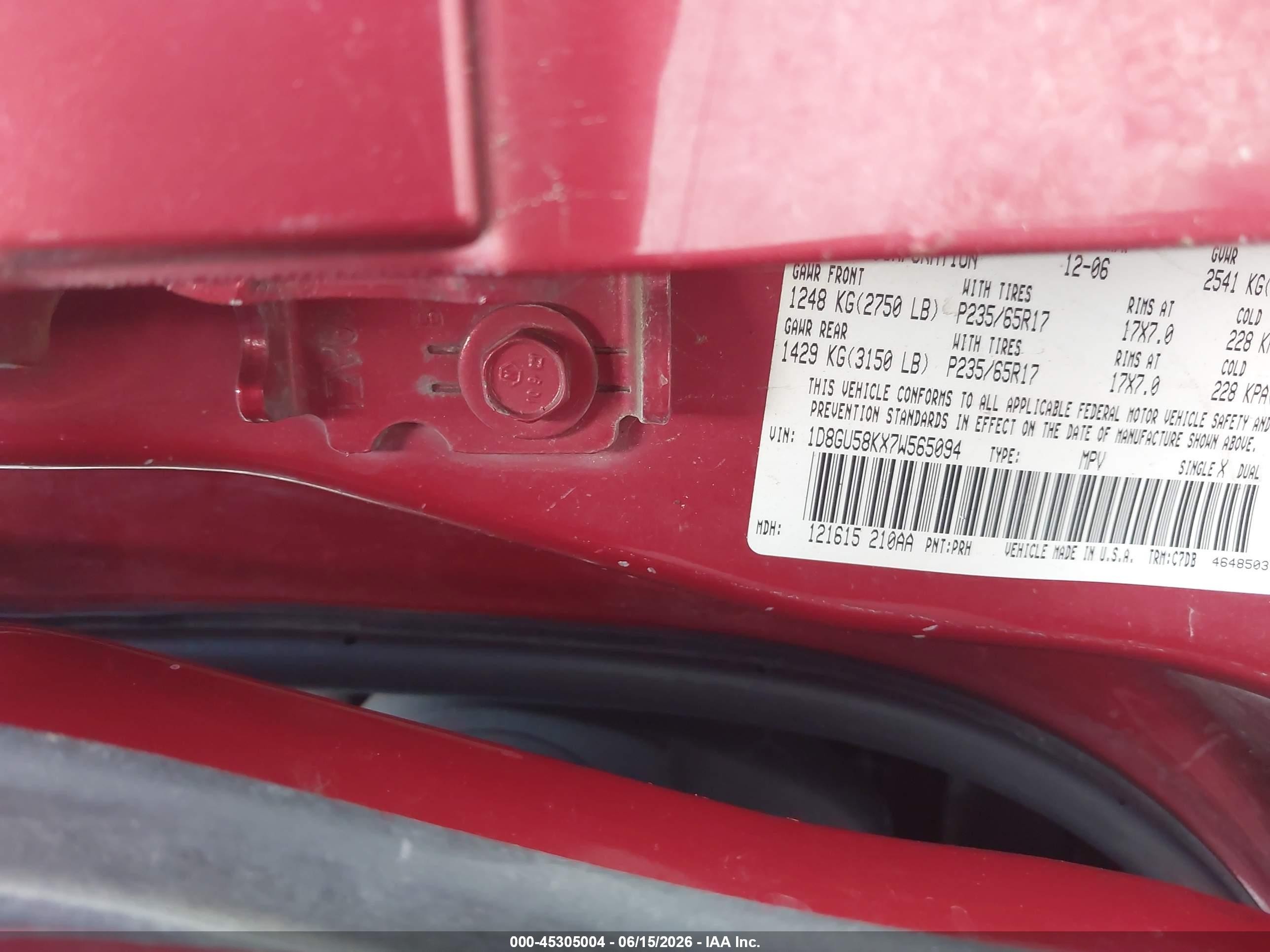 2007 Dodge Nitro Slt/rt Темно-бордовый vin: 1D8GU58KX7W565094