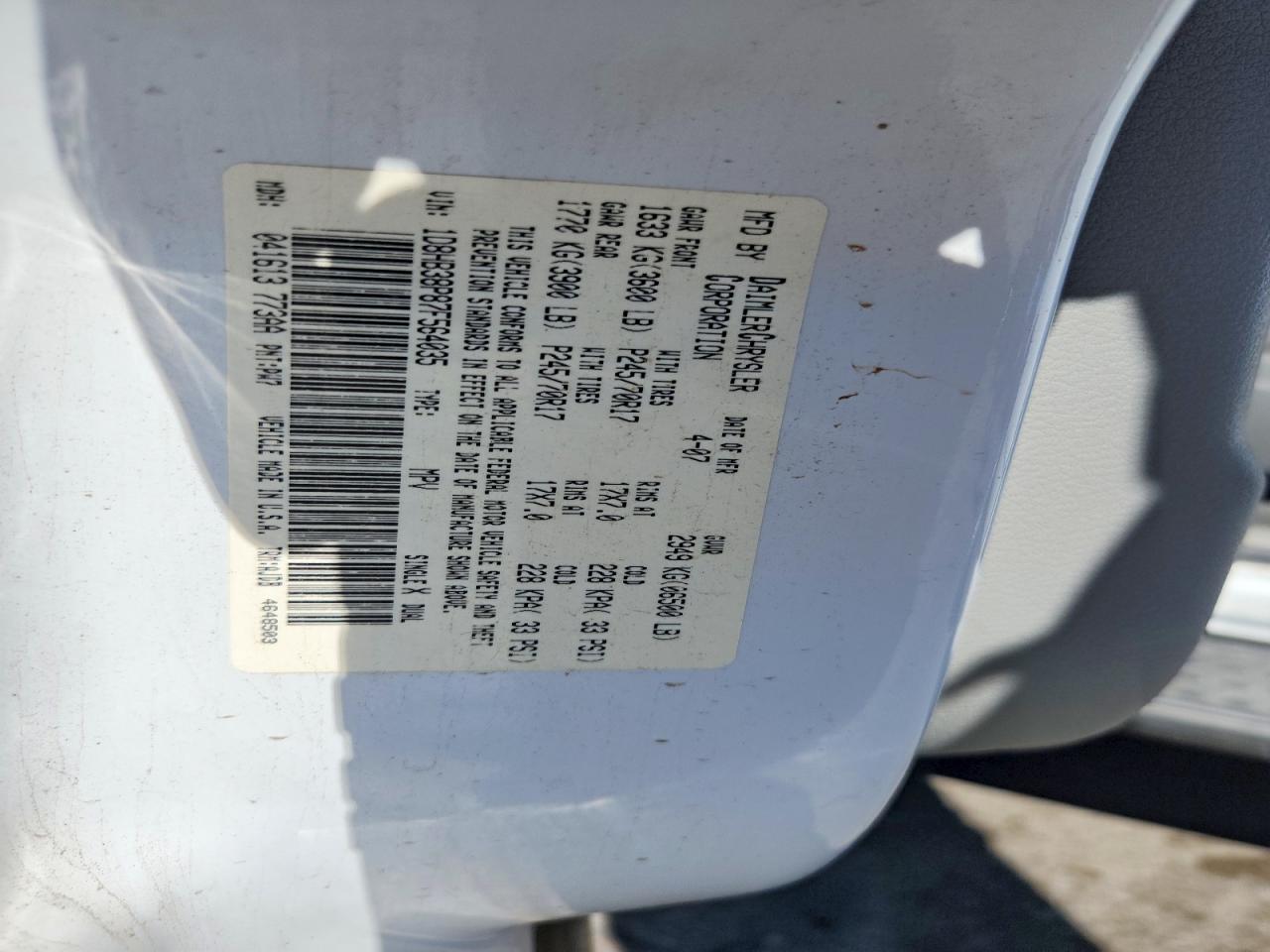 2007 Dodge Durango Sxt White vin: 1D8HB38P87F564035