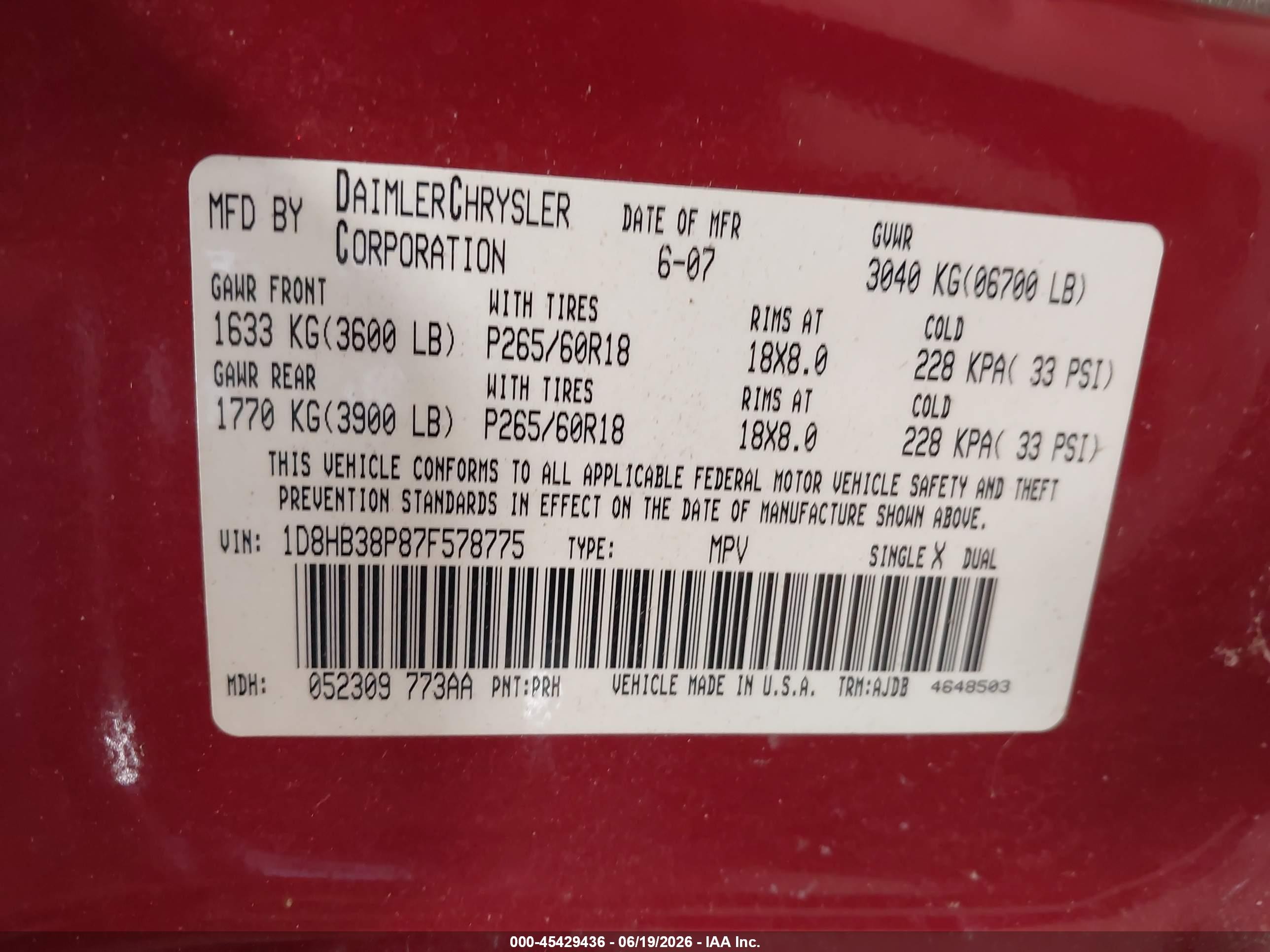 2007 Dodge Durango Sxt Red vin: 1D8HB38P87F578775