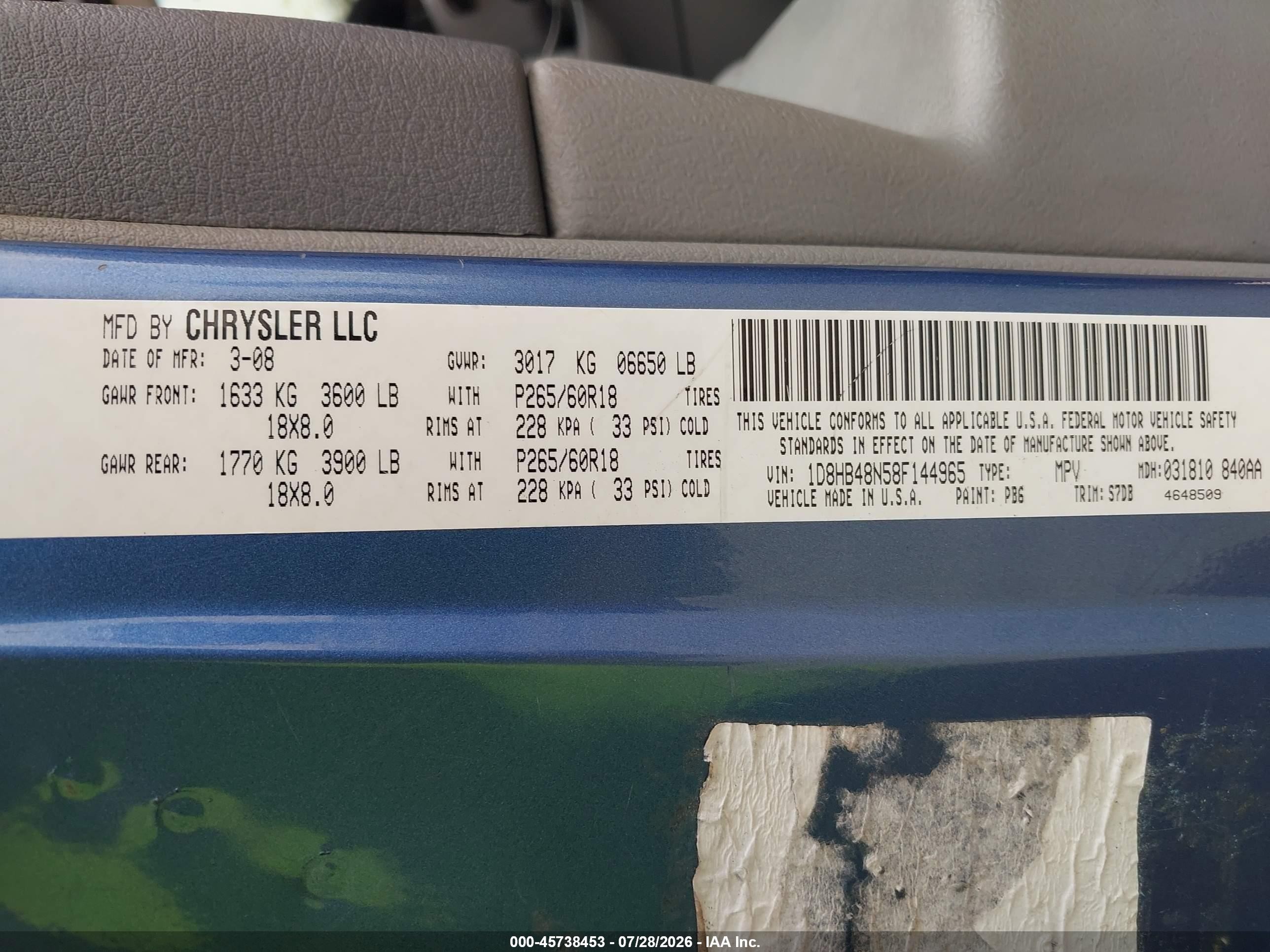 2008 Dodge Durango Slt Blue vin: 1D8HB48N58F144965