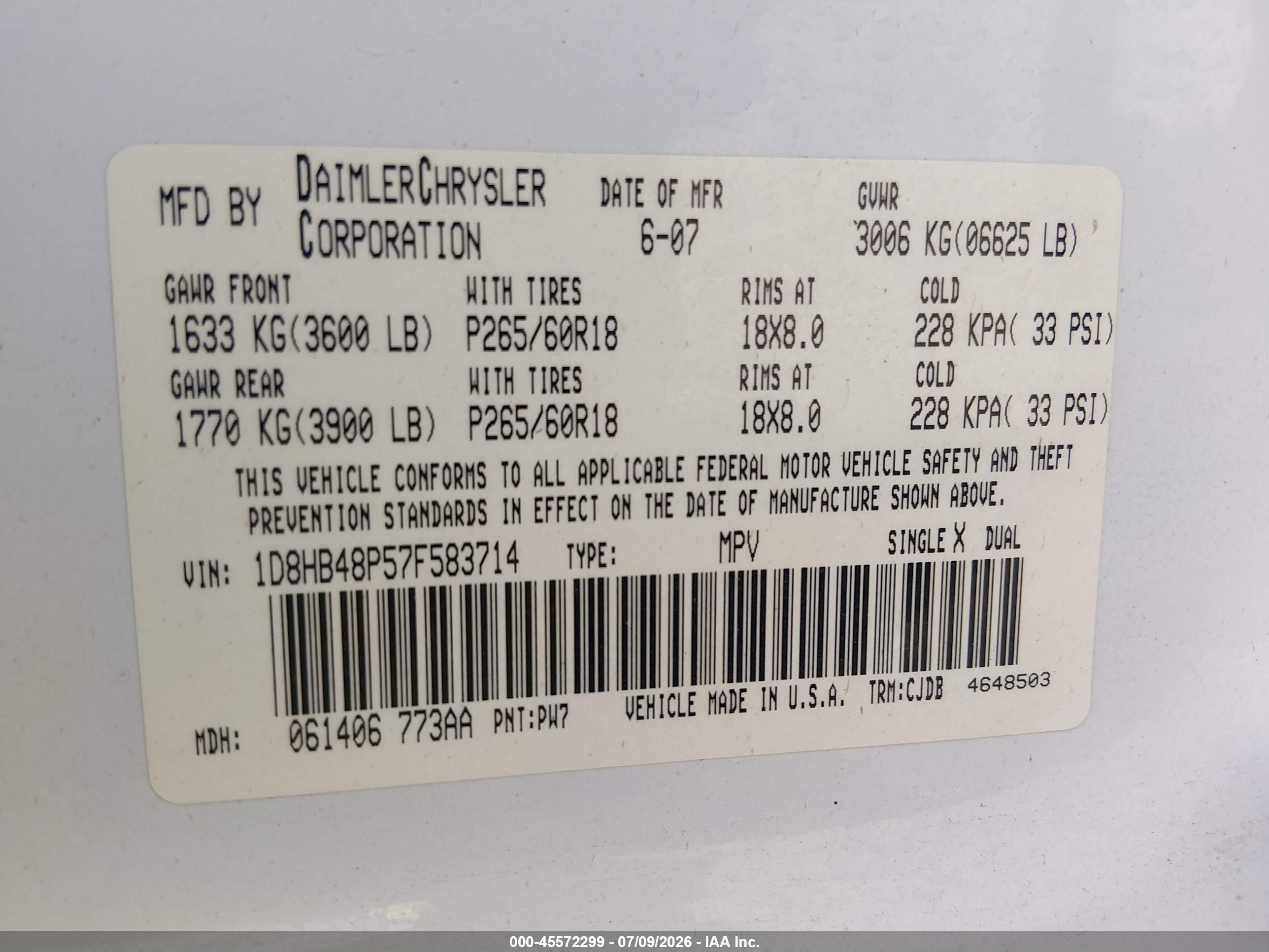 2007 Dodge Durango Slt Белый vin: 1D8HB48P57F583714