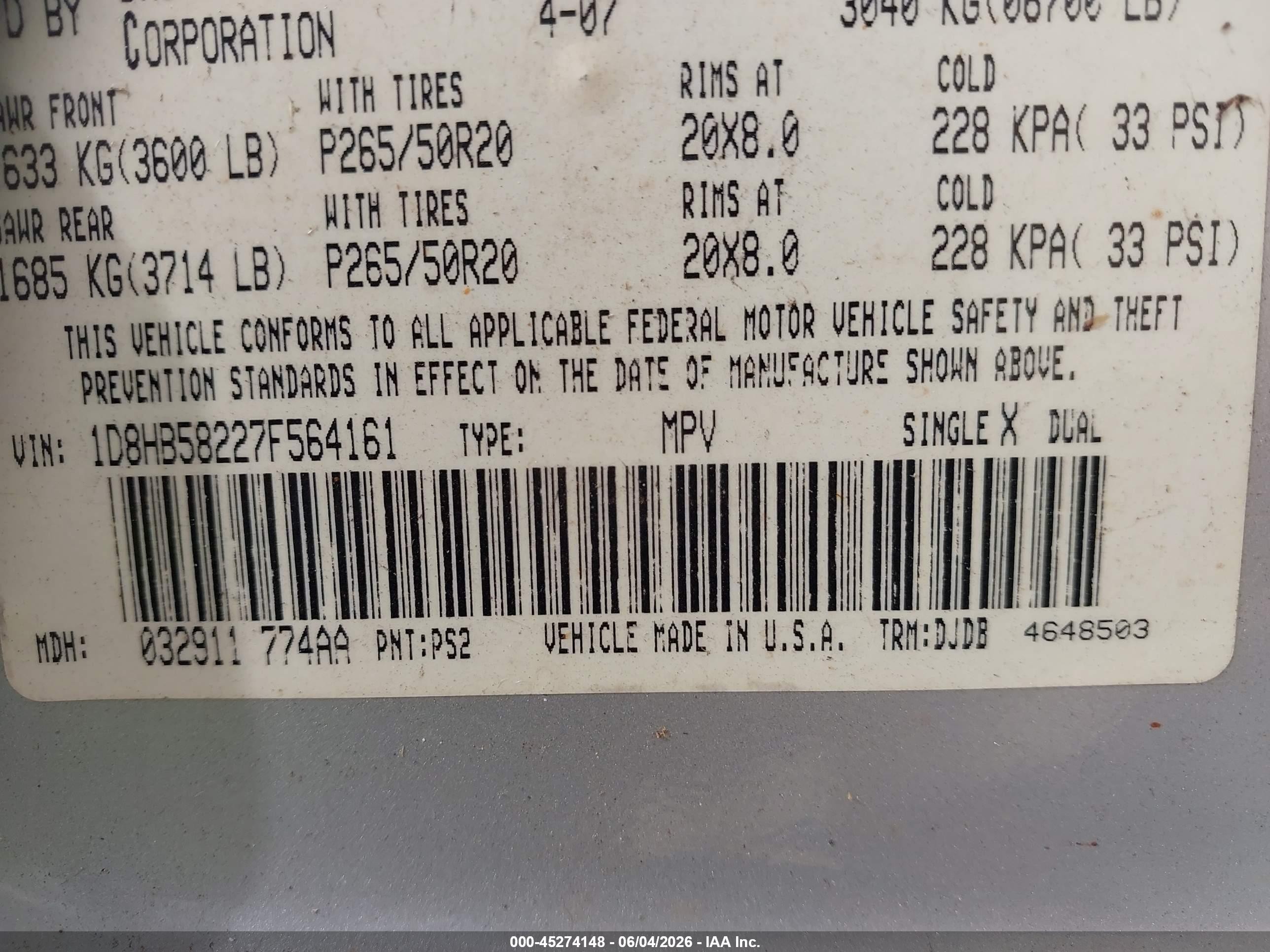 2007 Dodge Durango Limited Серебряный vin: 1D8HB58227F564161
