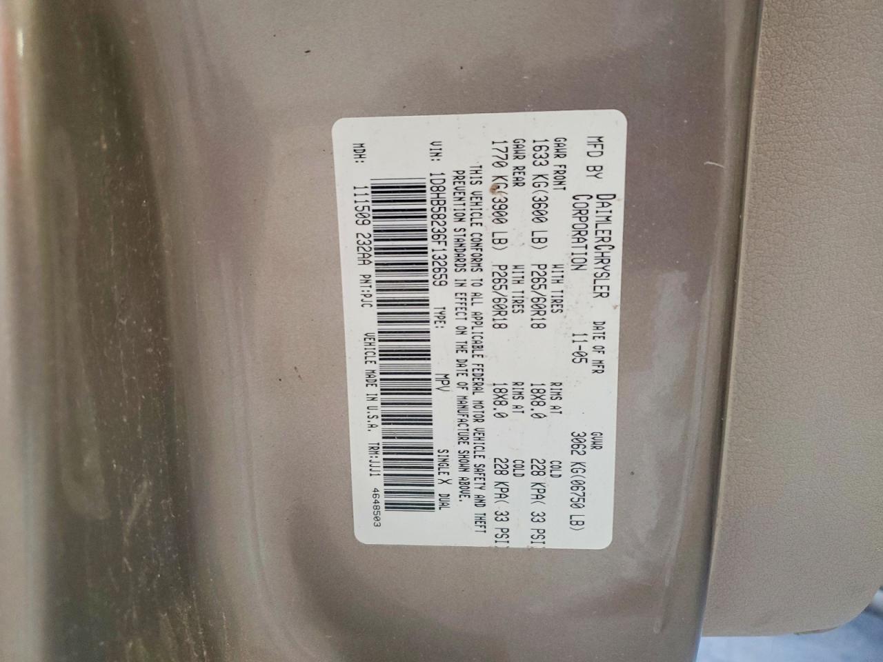 2006 Dodge Durango Limited Gold vin: 1D8HB58236F132659