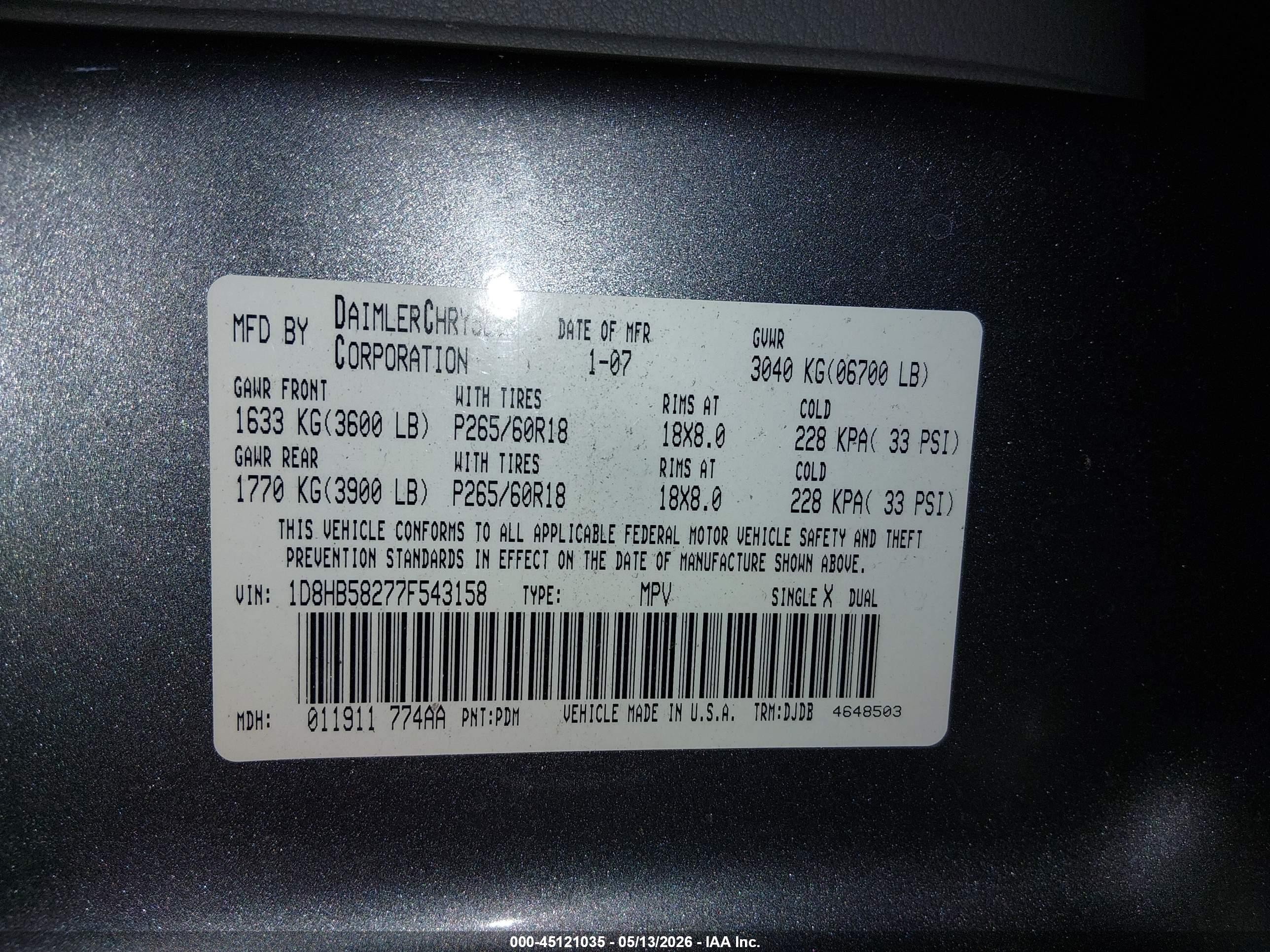 2007 Dodge Durango Limited Gray vin: 1D8HB58277F543158